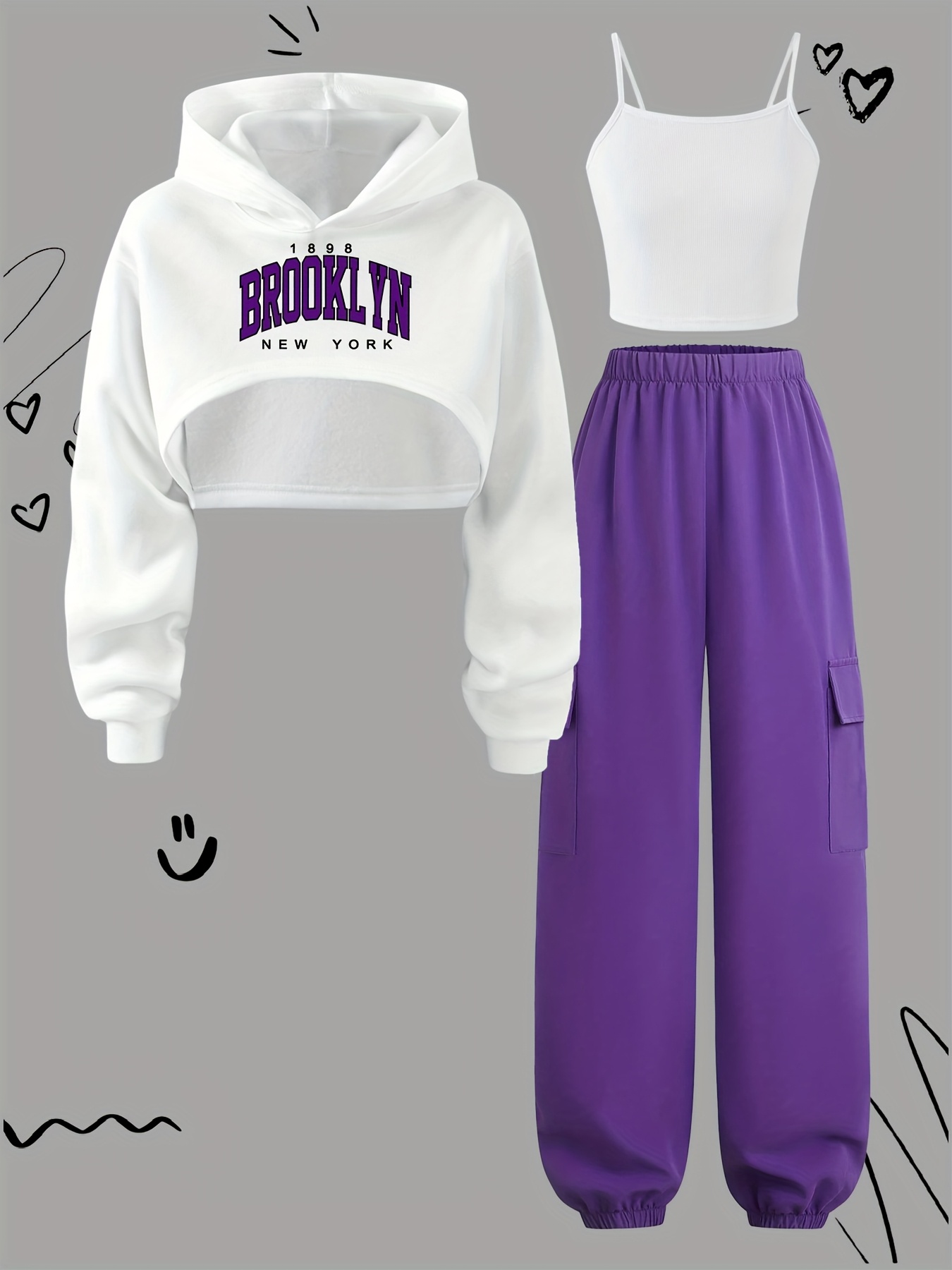 Girls Letter Print Hoodie Cami Cargo Pants 3-Piece Set Fall Winter - 图片 2