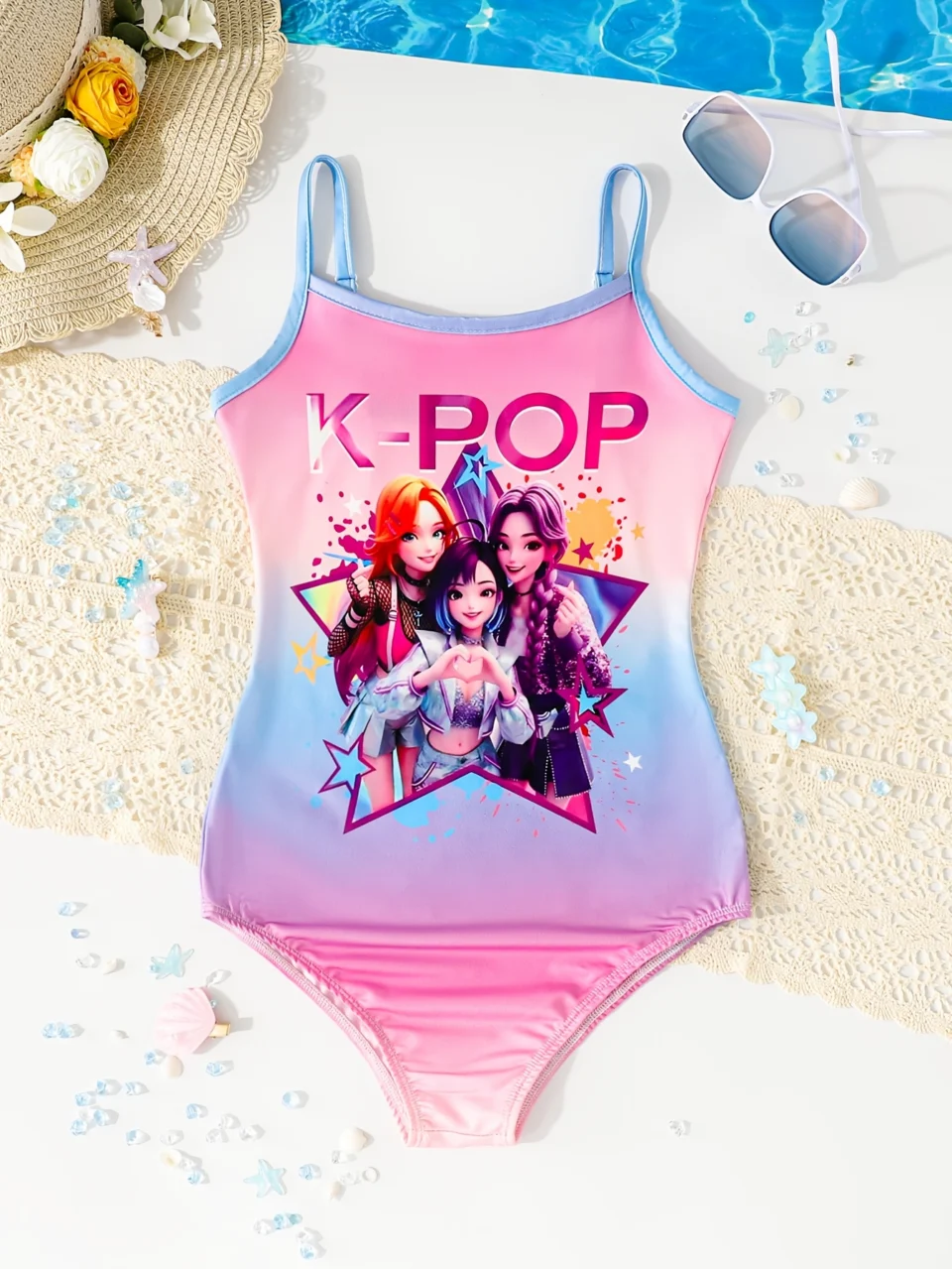Girls K-Pop Graphic Gradient Star Print Swimsuit Summer