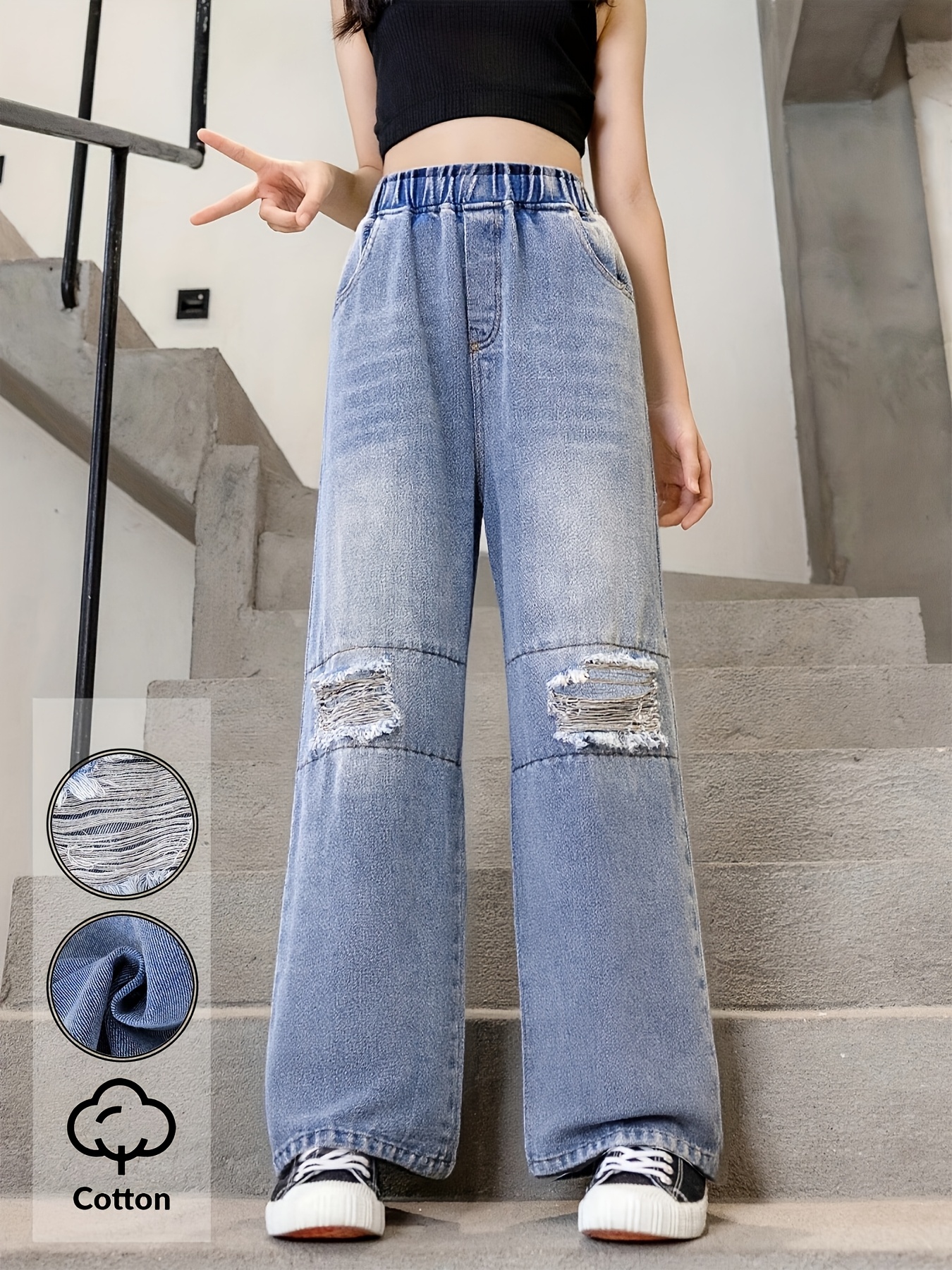 Girls Ripped Distressed Patch Embroidered Wide Leg Jeans Fall - 图片 5