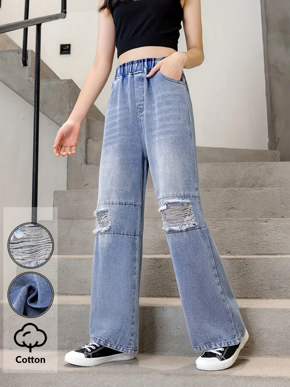 Girls Ripped Distressed Patch Embroidered Wide Leg Jeans Fall