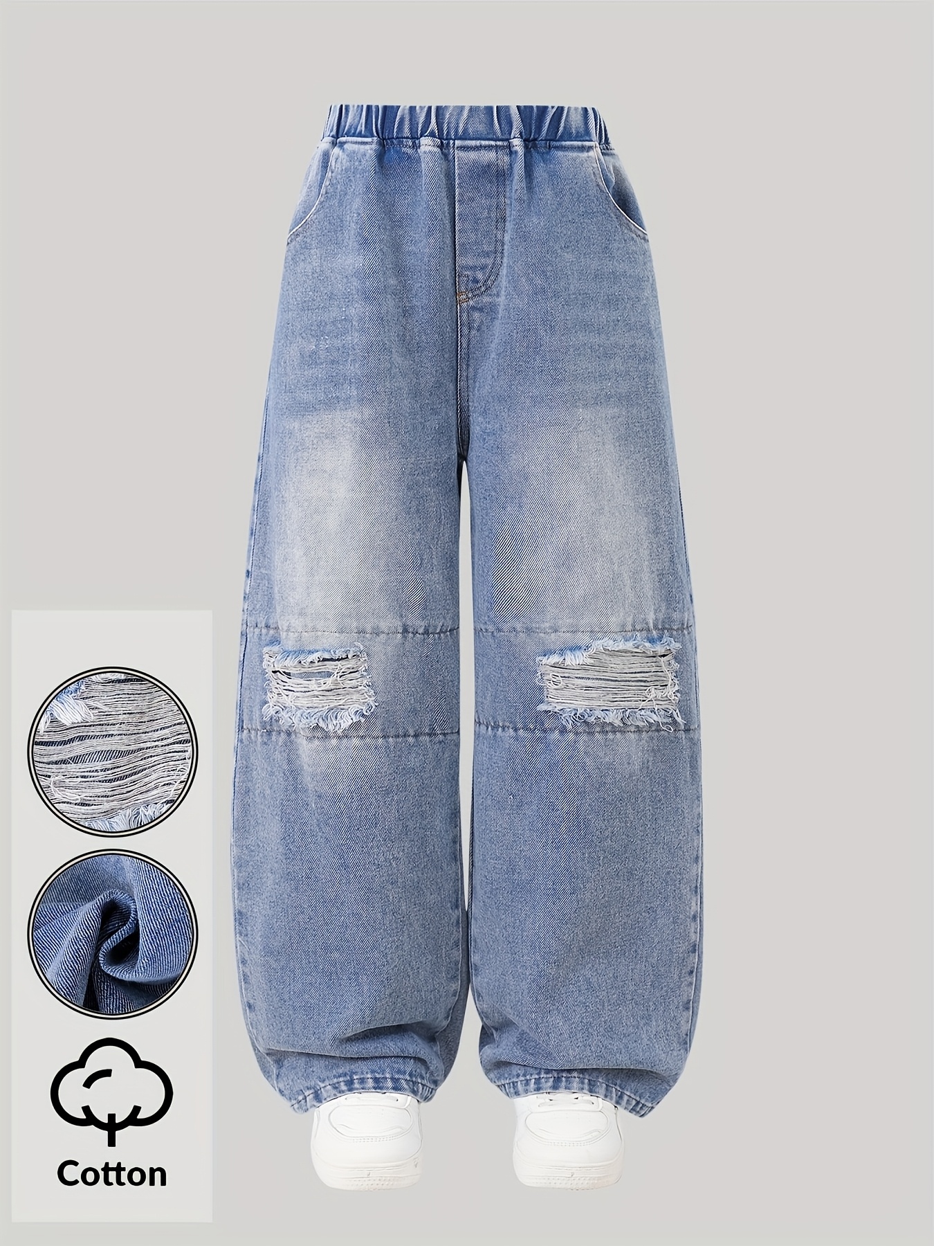 Girls Ripped Distressed Patch Embroidered Wide Leg Jeans Fall - 图片 2