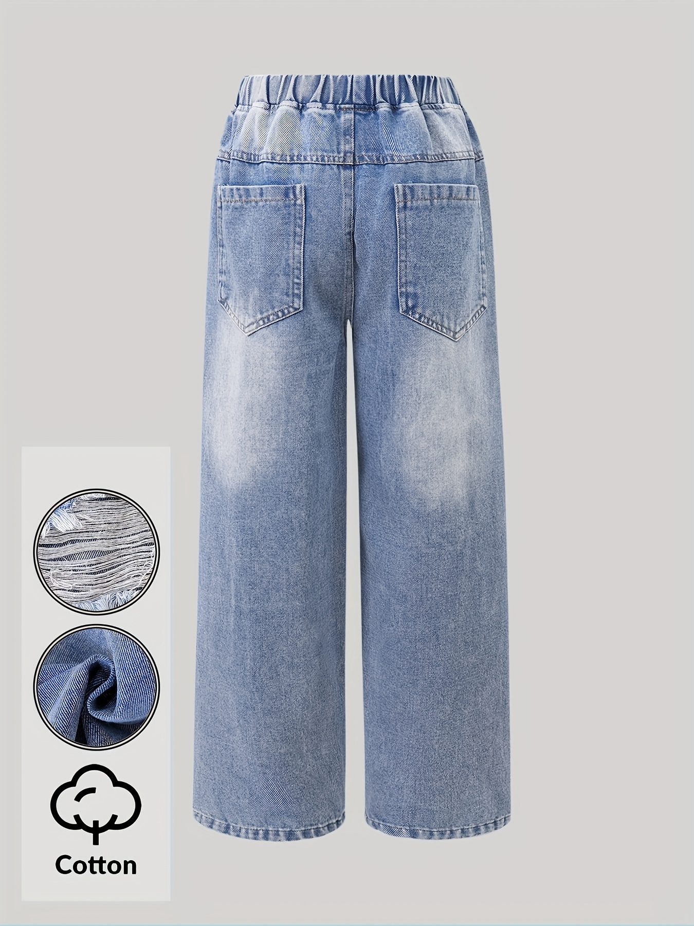 Girls Ripped Distressed Patch Embroidered Wide Leg Jeans Fall - 图片 3