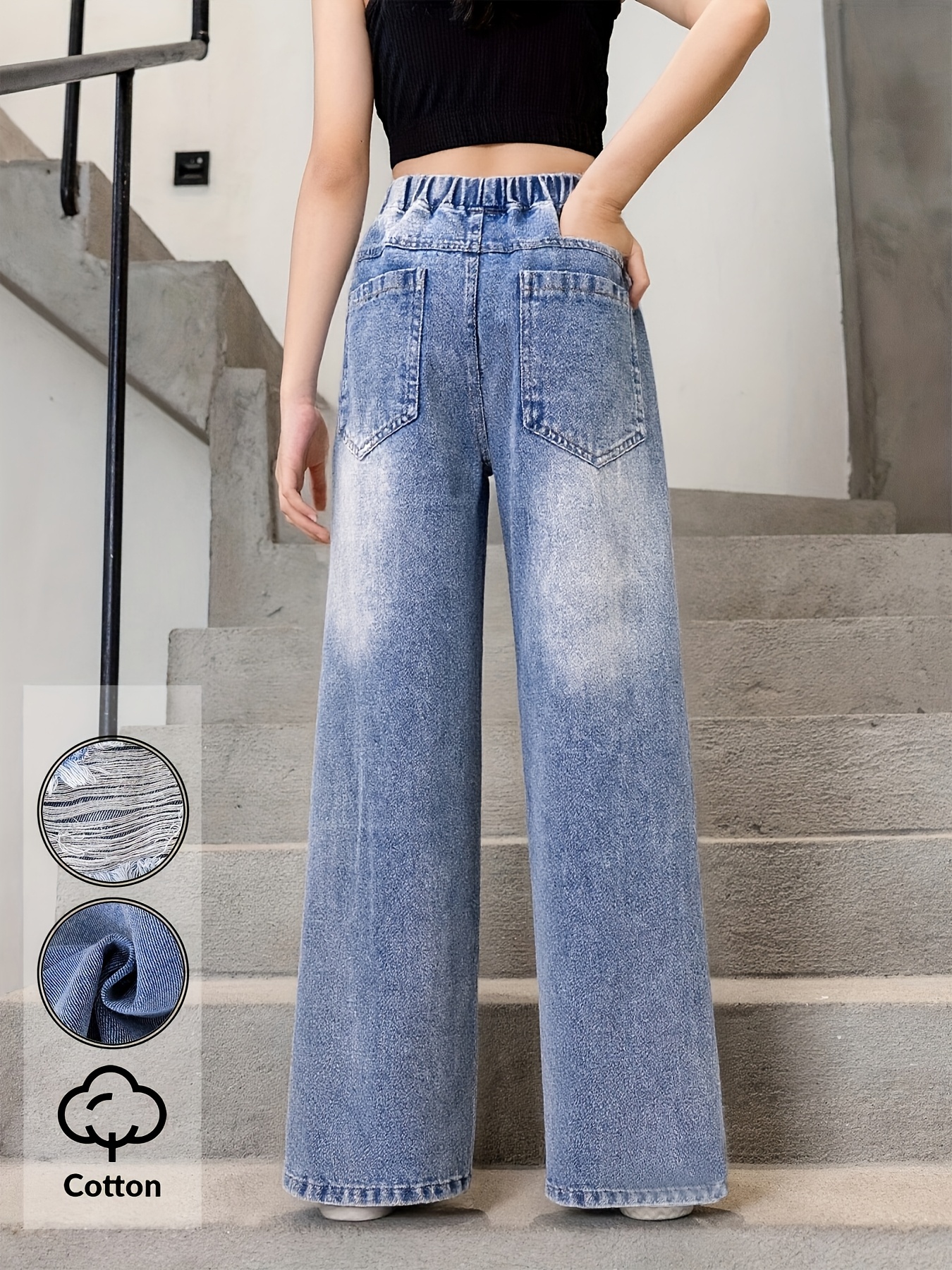 Girls Ripped Distressed Patch Embroidered Wide Leg Jeans Fall - 图片 6
