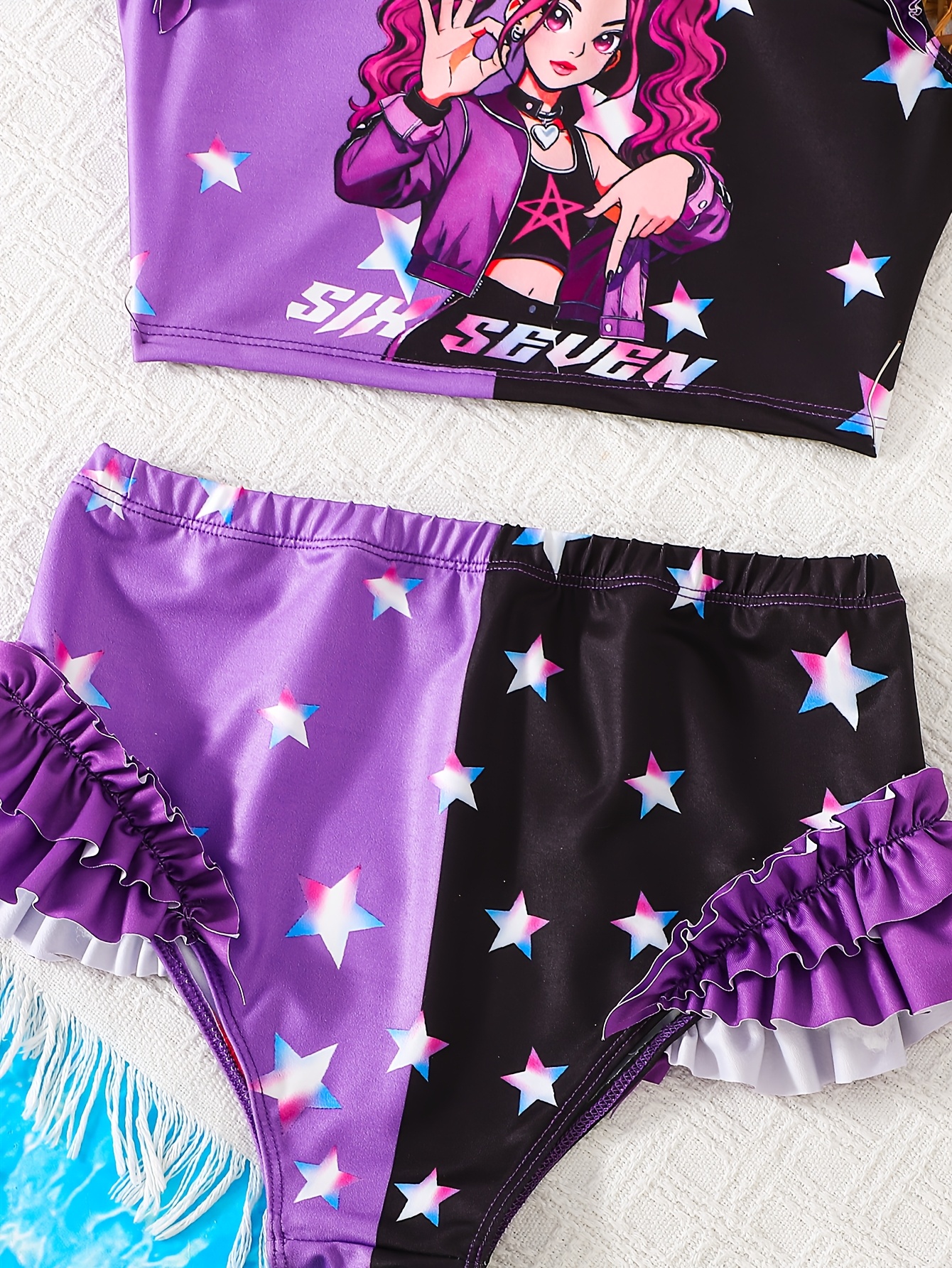 Girls Ruffle Graphic Star Print Tankini Swimsuit 2-Piece Set Summer - 图片 4