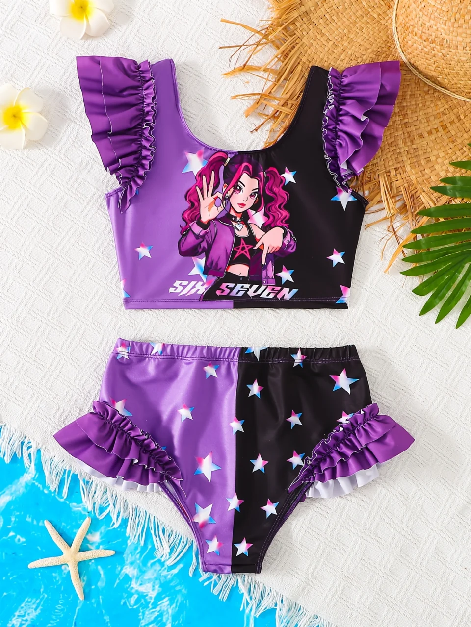 Girls Ruffle Graphic Star Print Tankini Swimsuit 2-Piece Set Summer