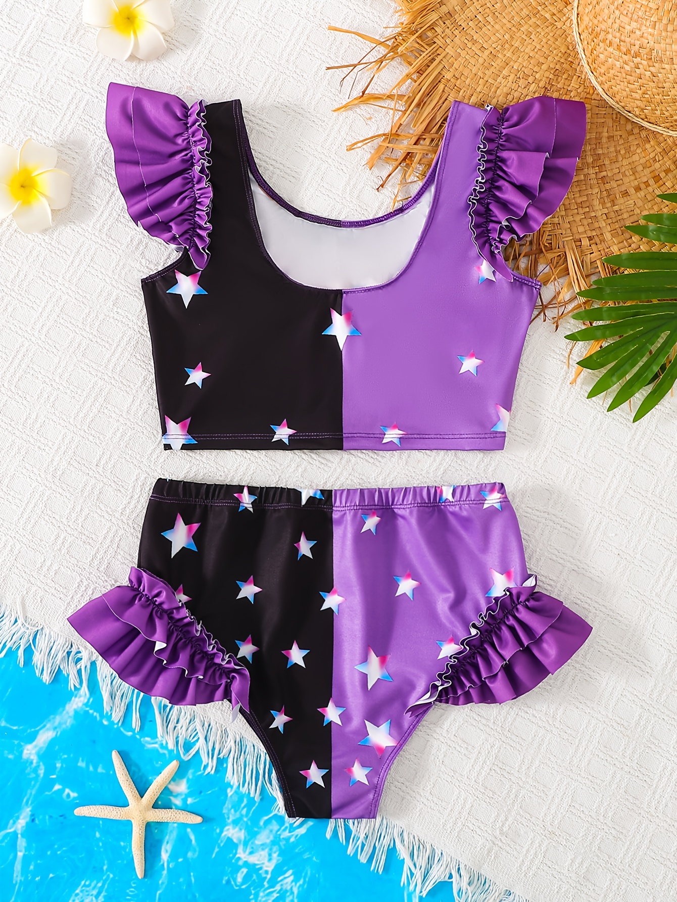 Girls Ruffle Graphic Star Print Tankini Swimsuit 2-Piece Set Summer - 图片 2