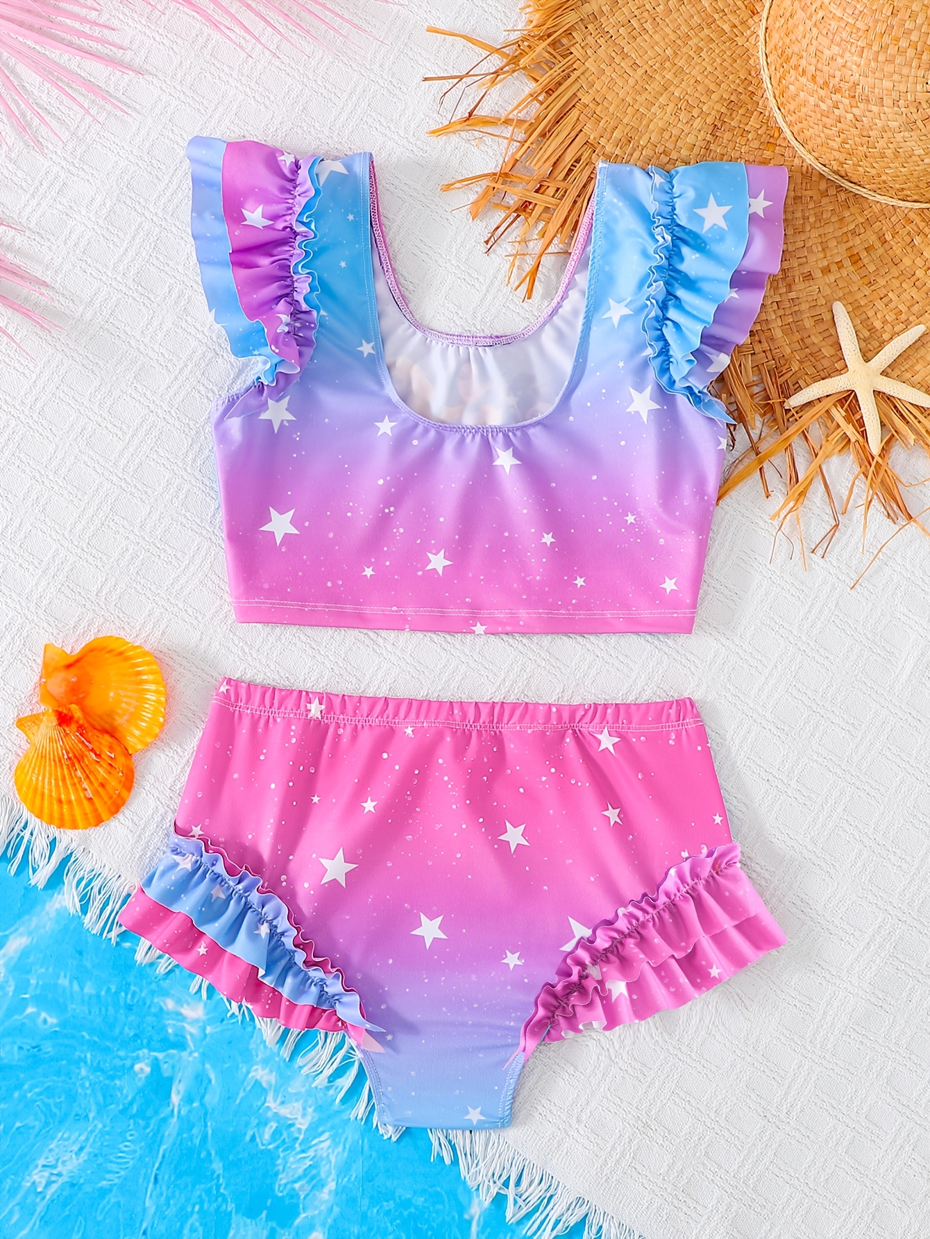 Girls Ruffle Gradient Star Print Tankini Swimsuit 2-Piece Set Summer - 图片 2