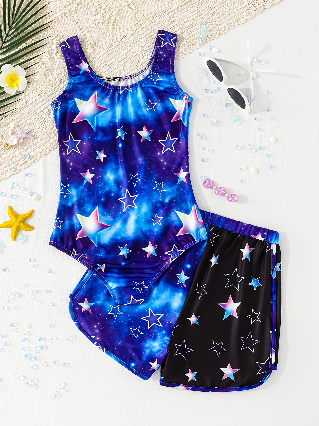 Girls Graphic Colorblock Star Print Tankini Swim Set Summer - 图片 2