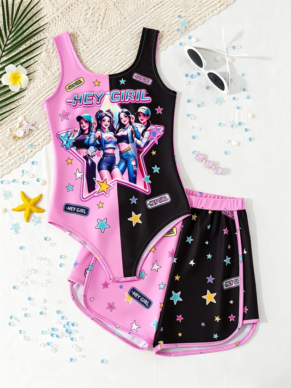 Girls Graphic Star Print Colorblock Swimsuit Shorts Set Summer