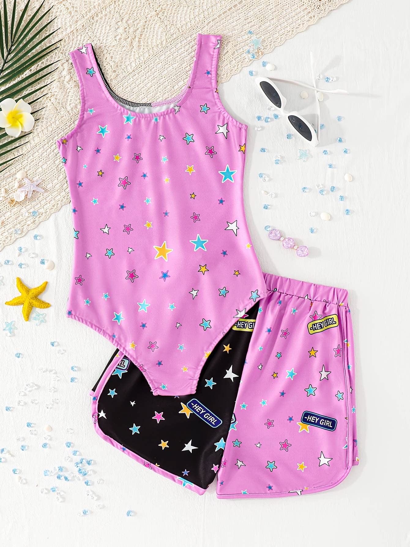 Girls Graphic Star Print Colorblock Swimsuit Shorts Set Summer - 图片 2
