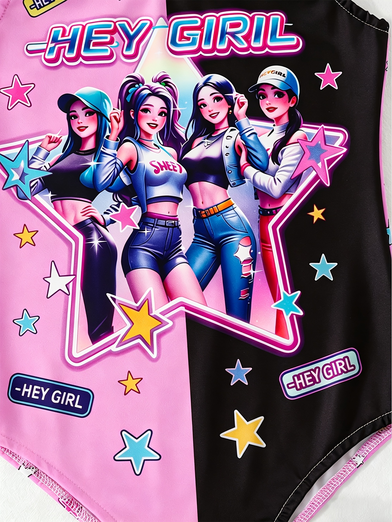 Girls Graphic Star Print Colorblock Swimsuit Shorts Set Summer - 图片 5