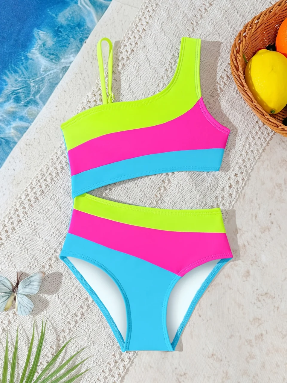 Girls Colorblock Striped Bikini Swimsuit 2-Piece Set Spring Summer
