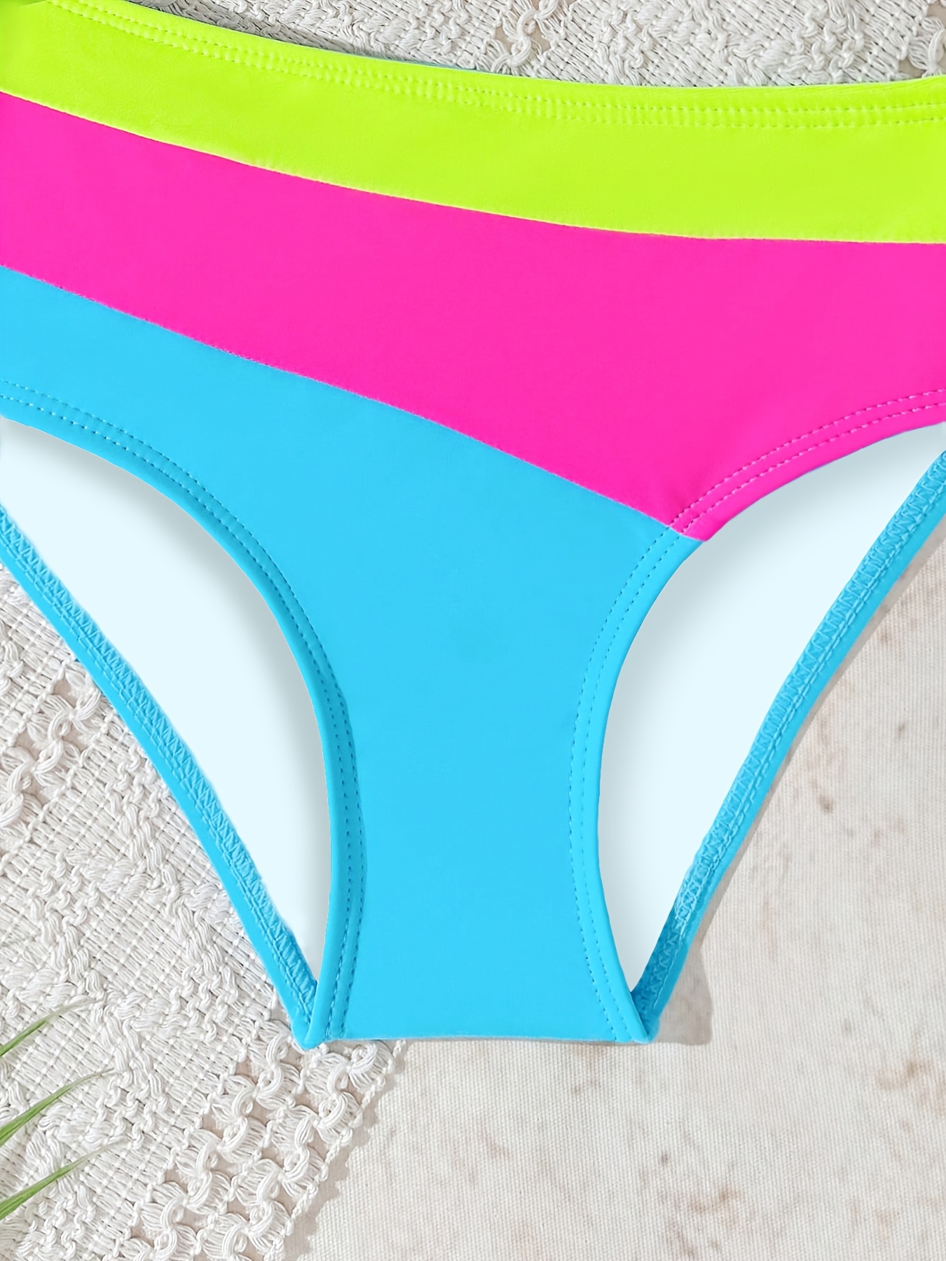 Girls Colorblock Striped Bikini Swimsuit 2-Piece Set Spring Summer - 图片 3
