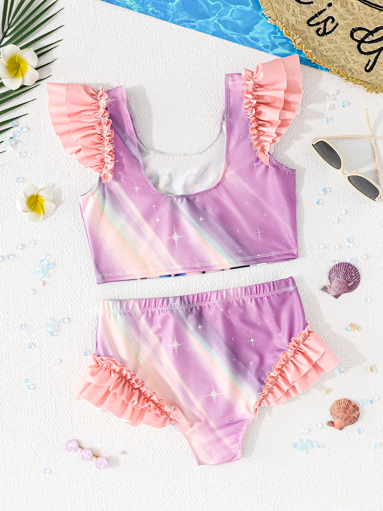 Girls Ruffle Star Print Gradient Bikini Swimsuit 2-Piece Set Summer - 图片 2