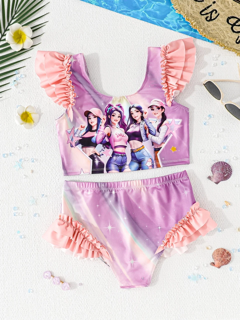 Girls Ruffle Star Print Gradient Bikini Swimsuit 2-Piece Set Summer