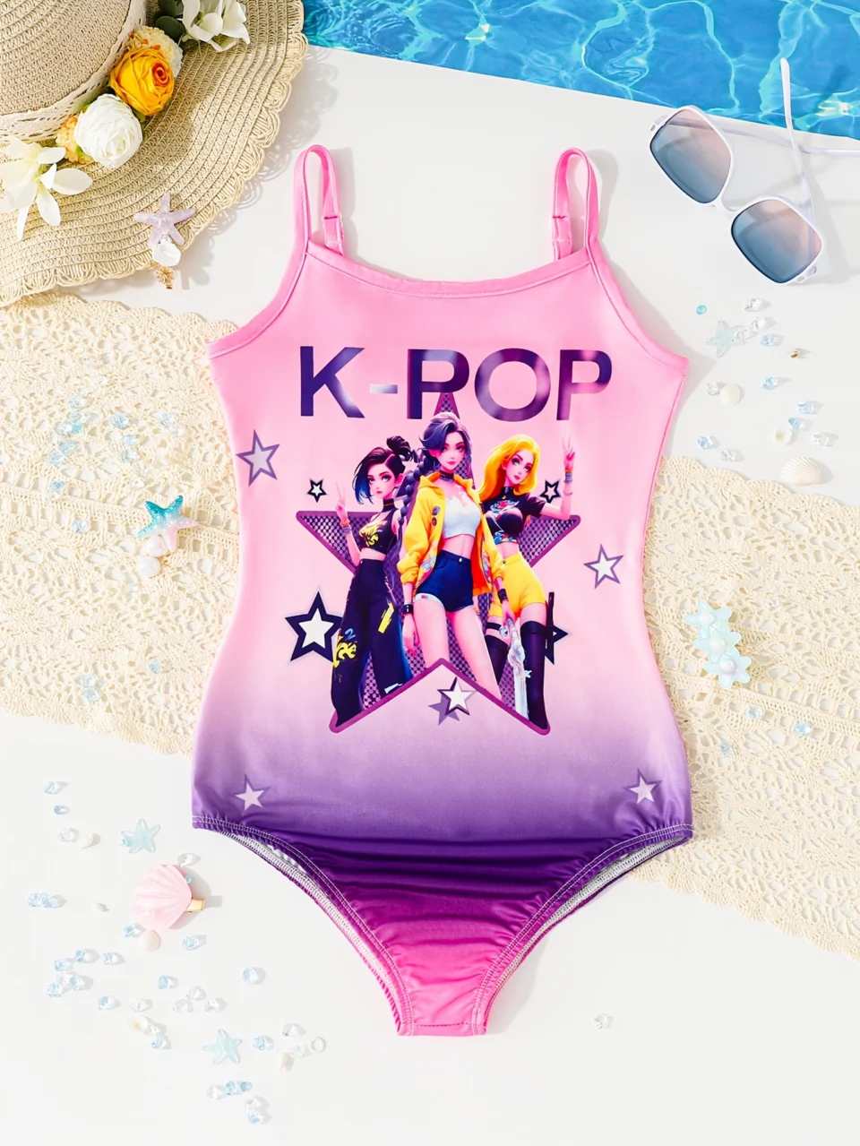 Girls K-Pop Graphic Gradient Star Print Swimsuit Summer