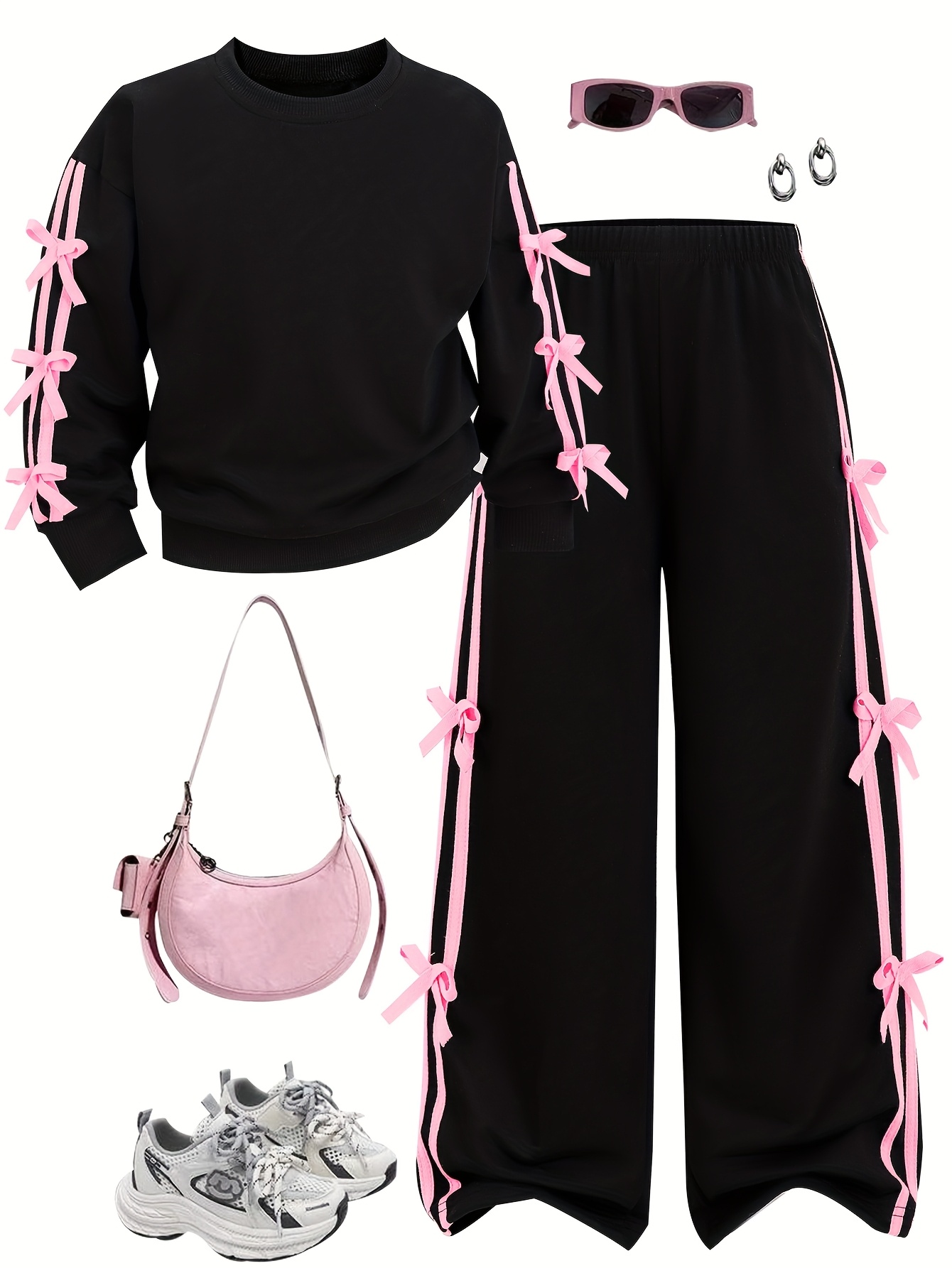 Girls Bow Solid Sweatshirt Wide Leg Pants 2-Piece Set Fall - 图片 2