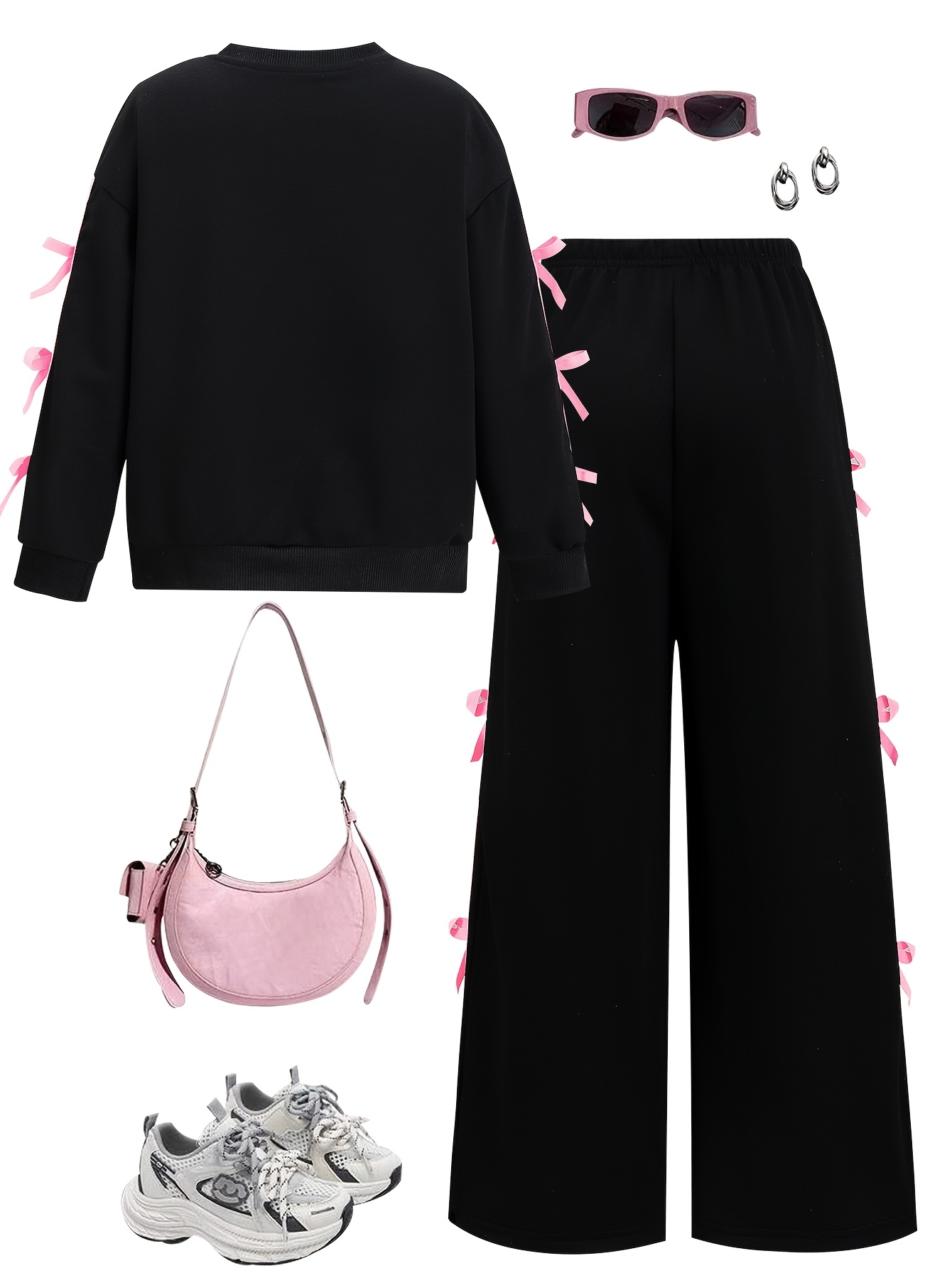 Girls Bow Solid Sweatshirt Wide Leg Pants 2-Piece Set Fall - 图片 3