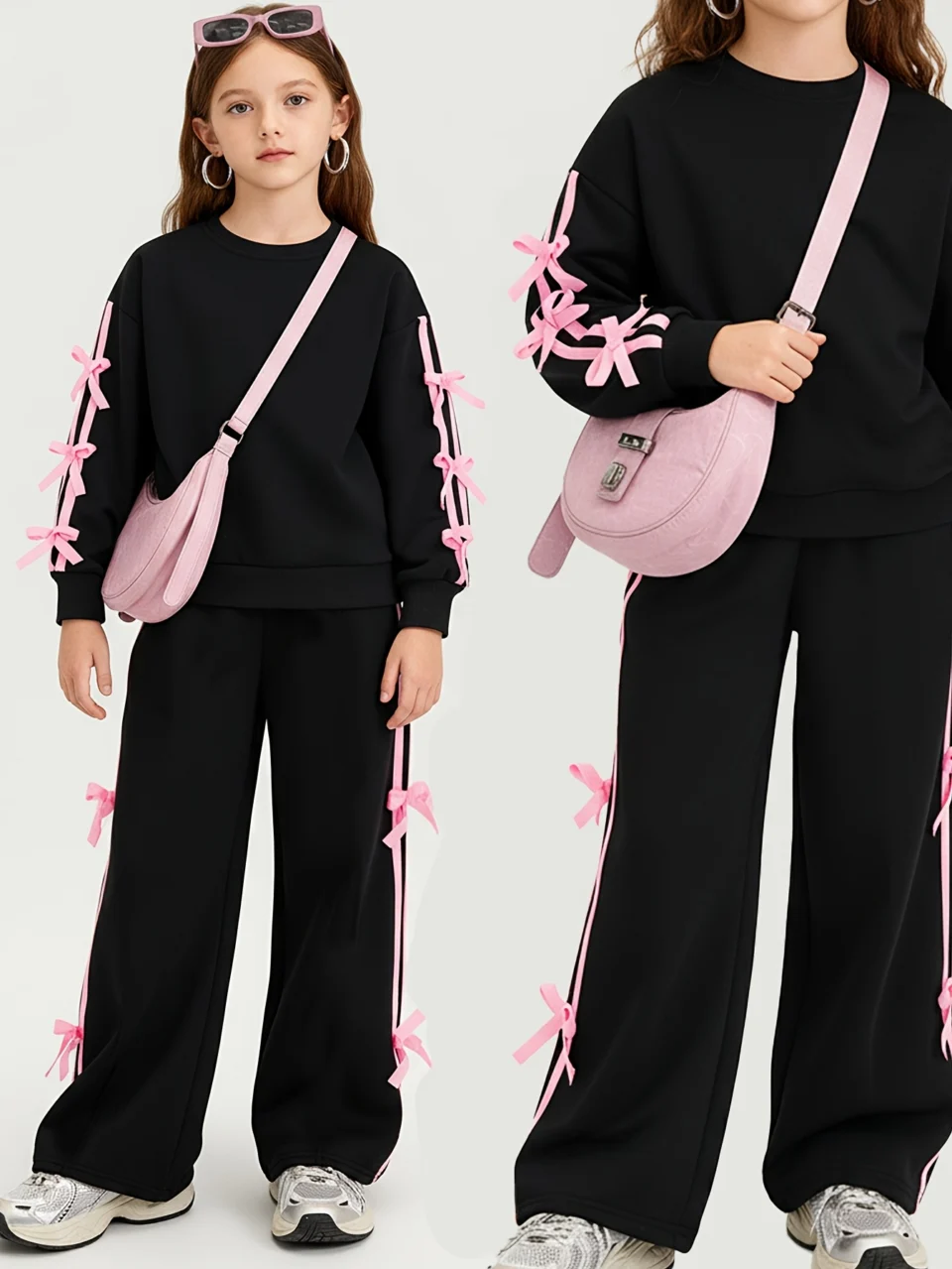 Girls Bow Solid Sweatshirt Wide Leg Pants 2-Piece Set Fall