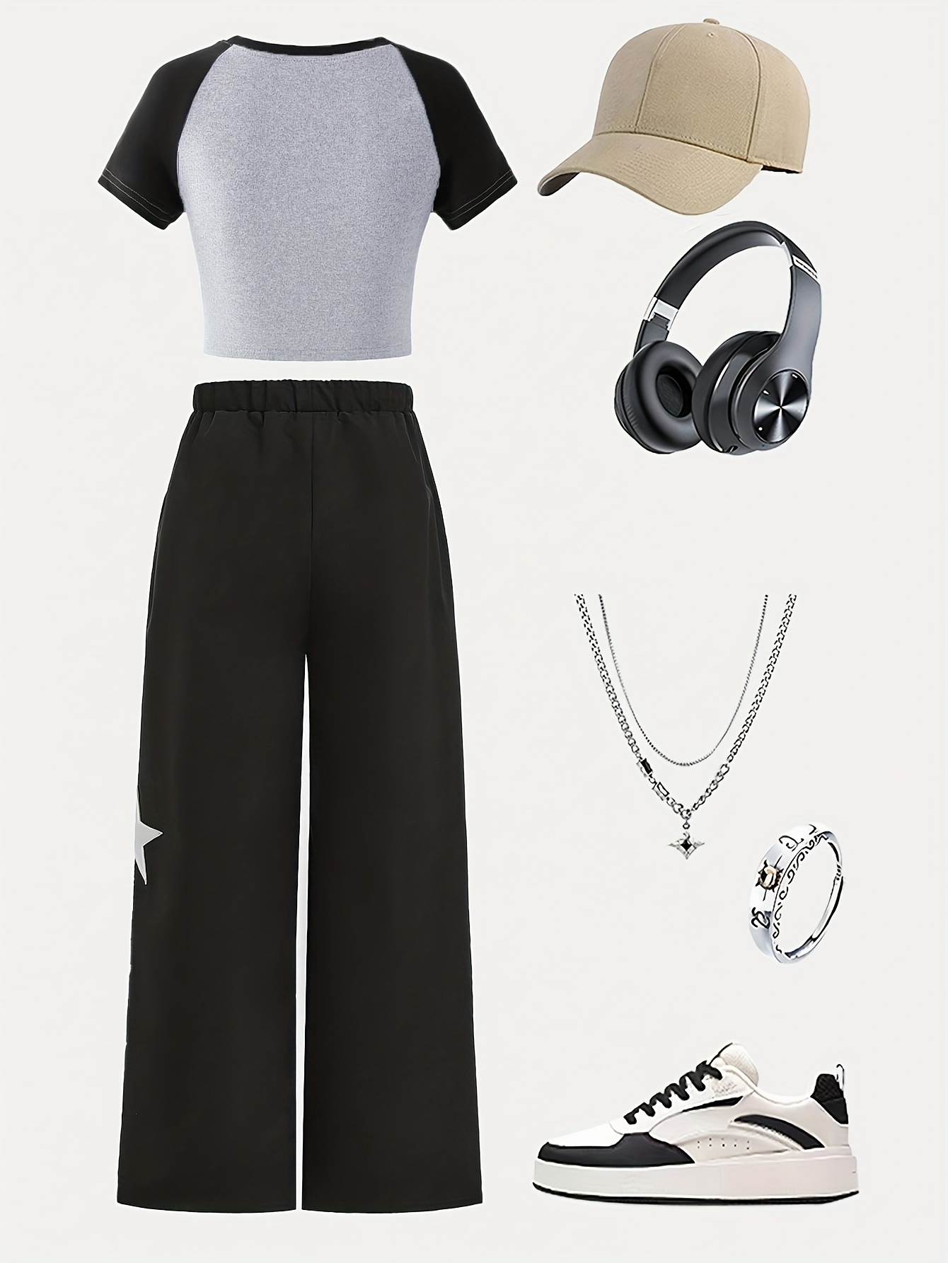 Girls Side Stripe Raglan T-Shirt Wide Leg Pants 2-Piece Set Spring Summer - 图片 2