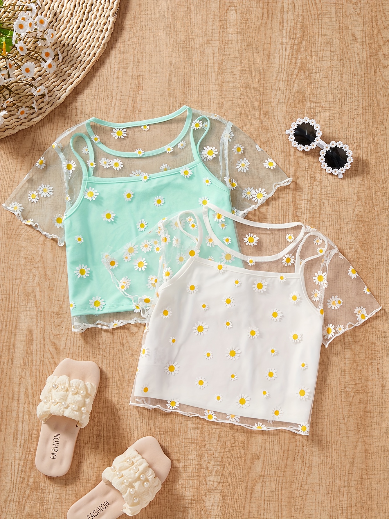 Girls Floral Sheer Mesh T-Shirts Summer - 图片 4