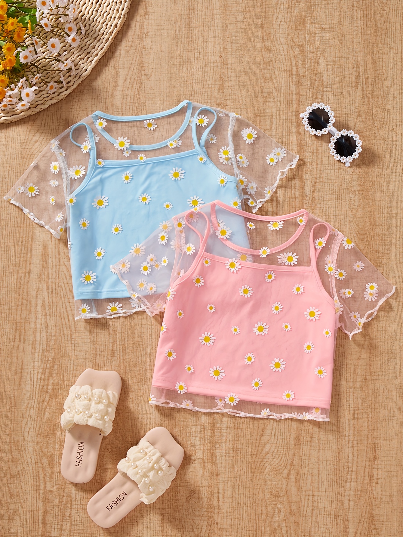 Girls Floral Sheer Mesh T-Shirts Summer - 图片 12