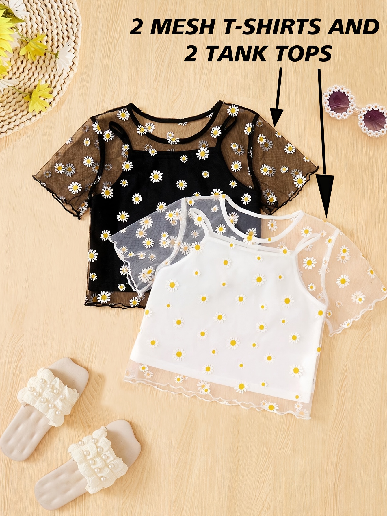 Girls Floral Sheer Mesh T-Shirts Summer - 图片 3