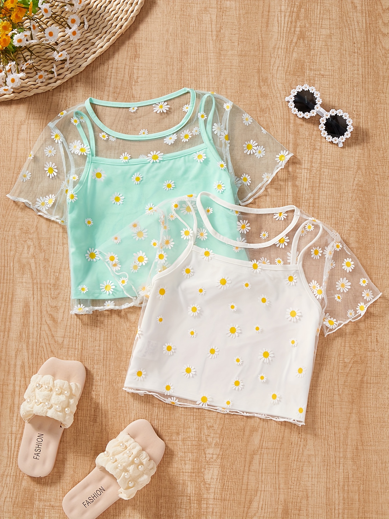 Girls Floral Sheer Mesh T-Shirts Summer - 图片 2