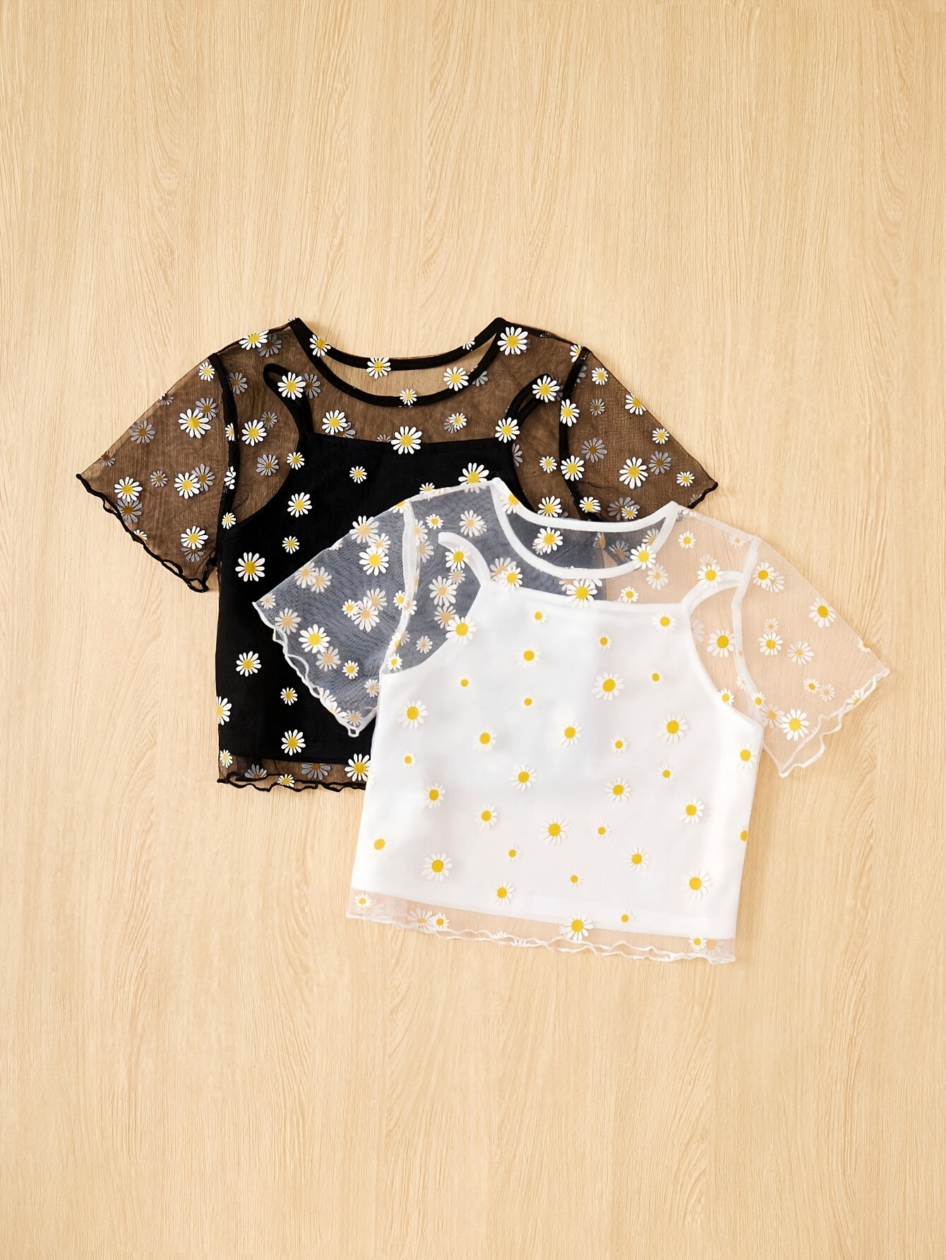Girls Floral Sheer Mesh T-Shirts Summer - 图片 8