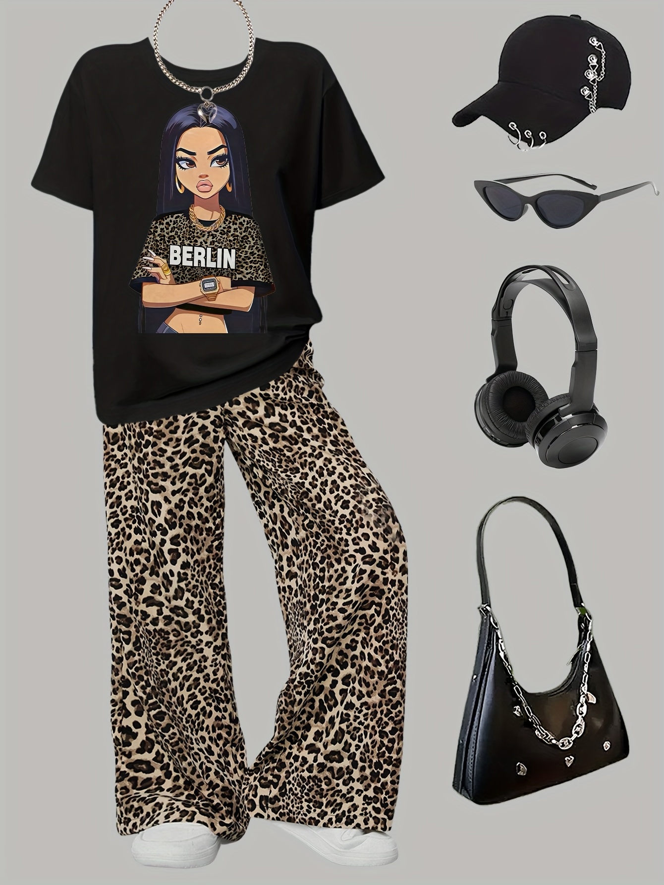 Girls Graphic Leopard Print T-Shirt Leopard Wide Leg Pants 2-Piece Set Summer - 图片 3