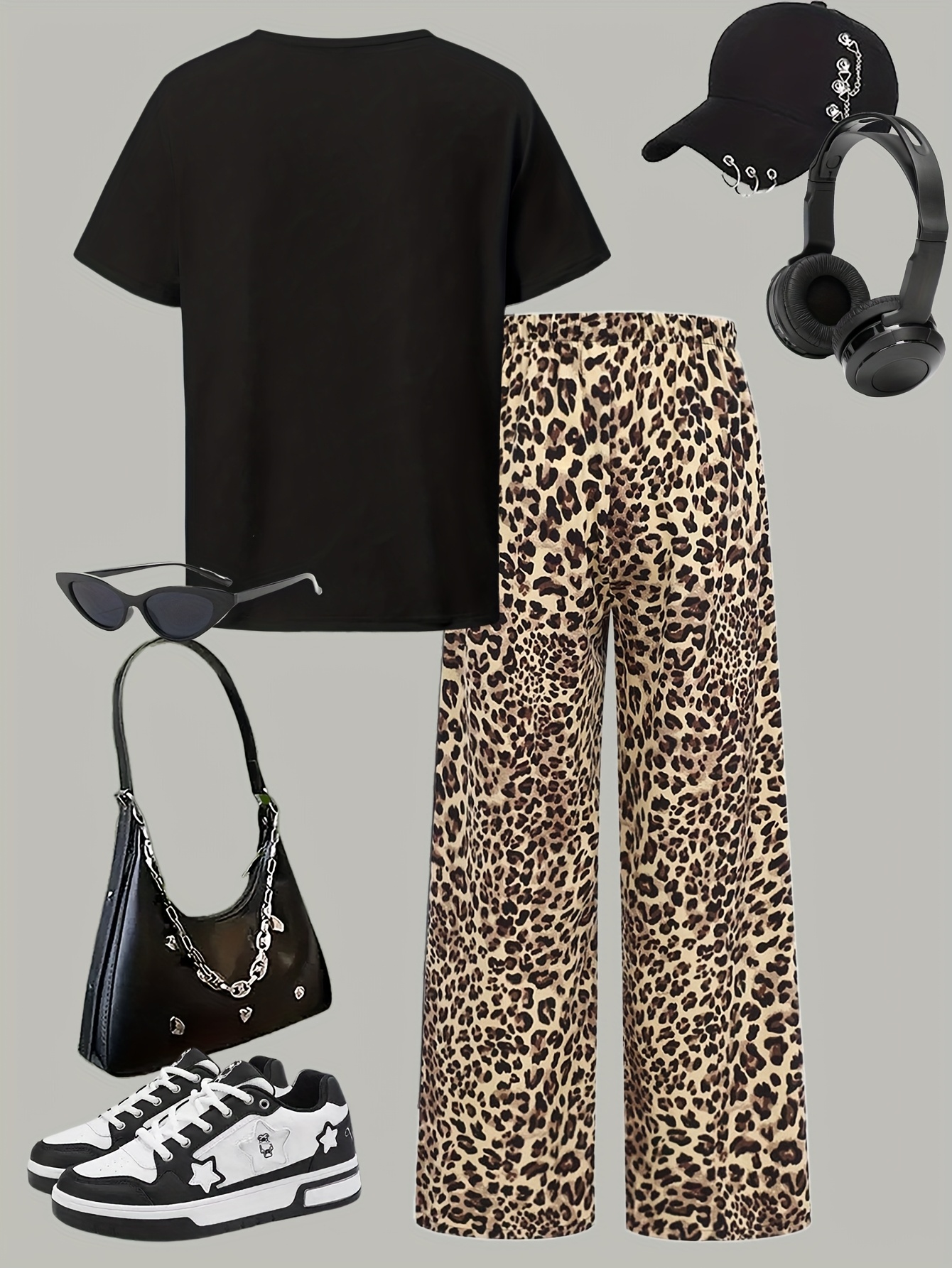Girls Graphic Leopard Print T-Shirt Leopard Wide Leg Pants 2-Piece Set Summer - 图片 2