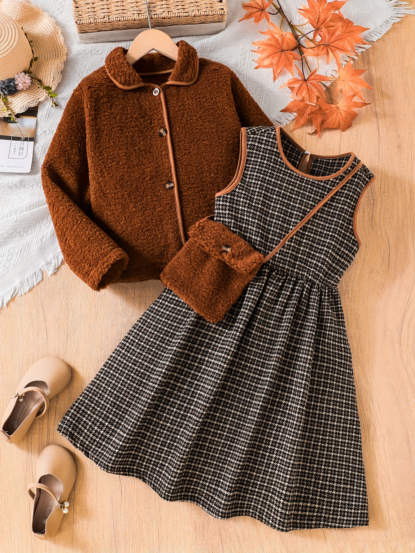 Girls Houndstooth Warm Teddy Coat Dress 2-Piece Set Fall Winter - 图片 2
