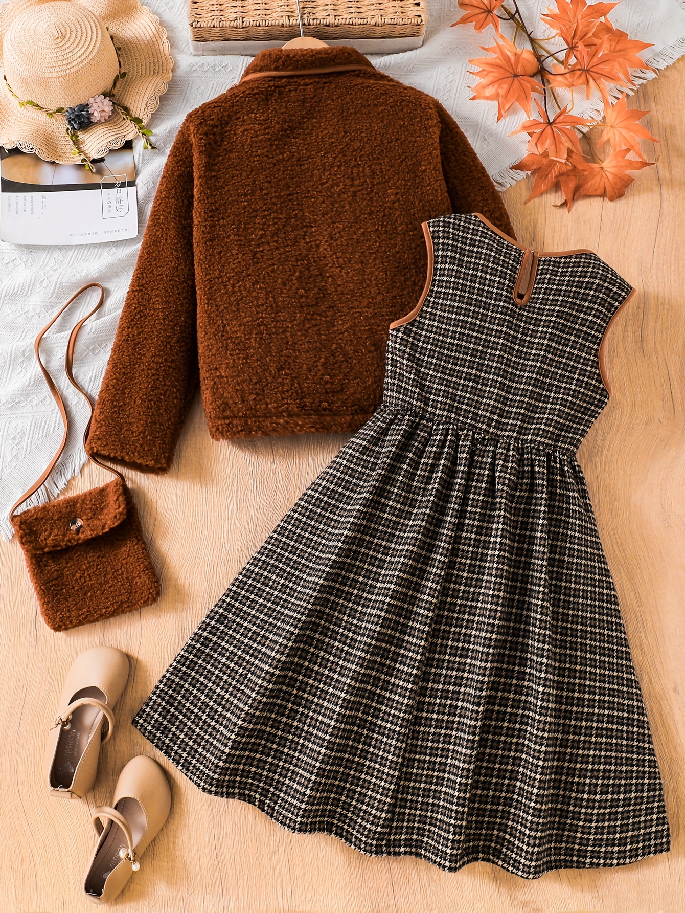 Girls Houndstooth Warm Teddy Coat Dress 2-Piece Set Fall Winter - 图片 3