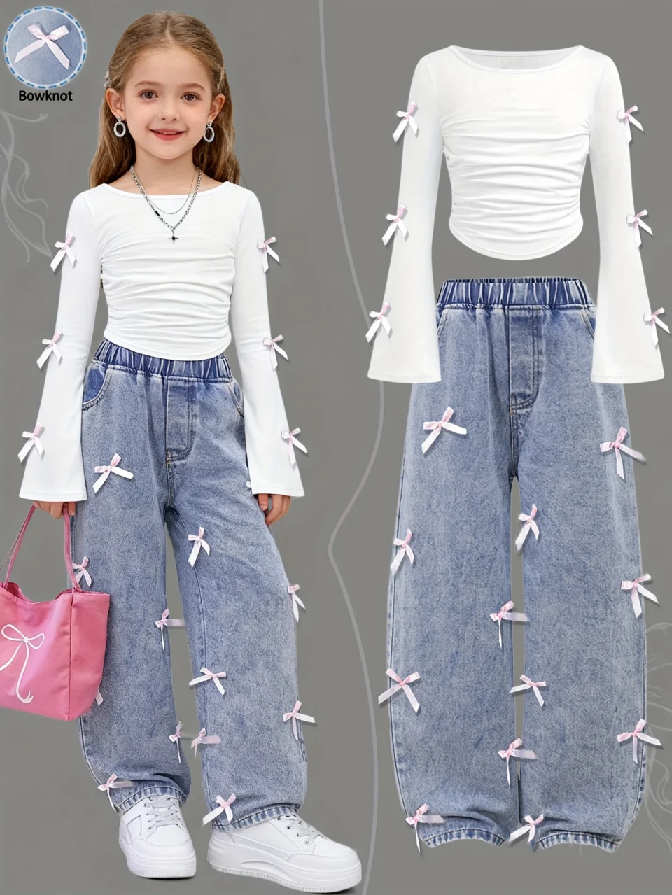 Girls Bow Distressed Denim Bow Top Jeans 2-Piece Set All Season