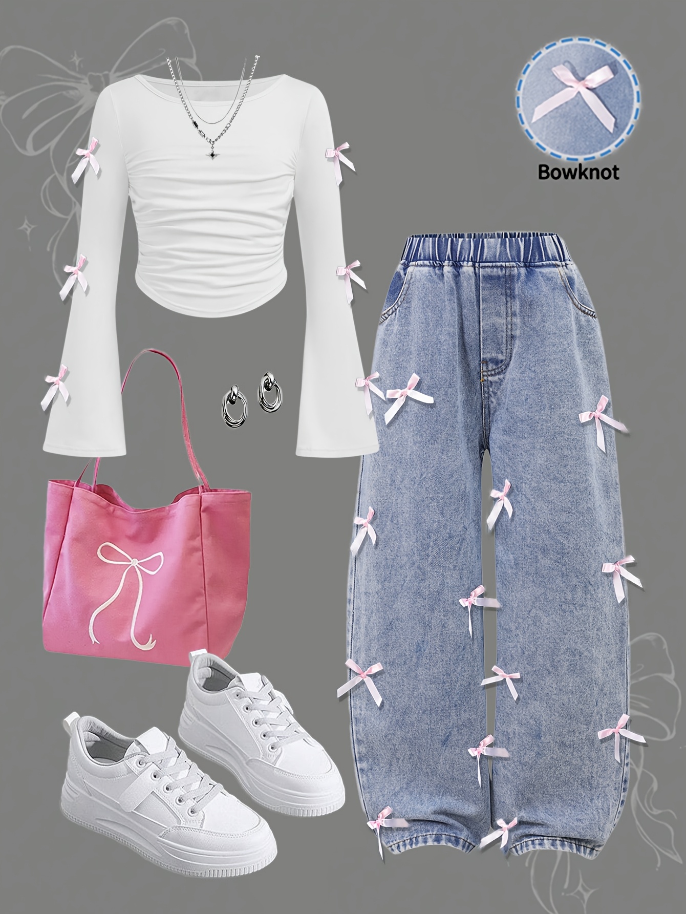 Girls Bow Distressed Denim Bow Top Jeans 2-Piece Set All Season - 图片 2