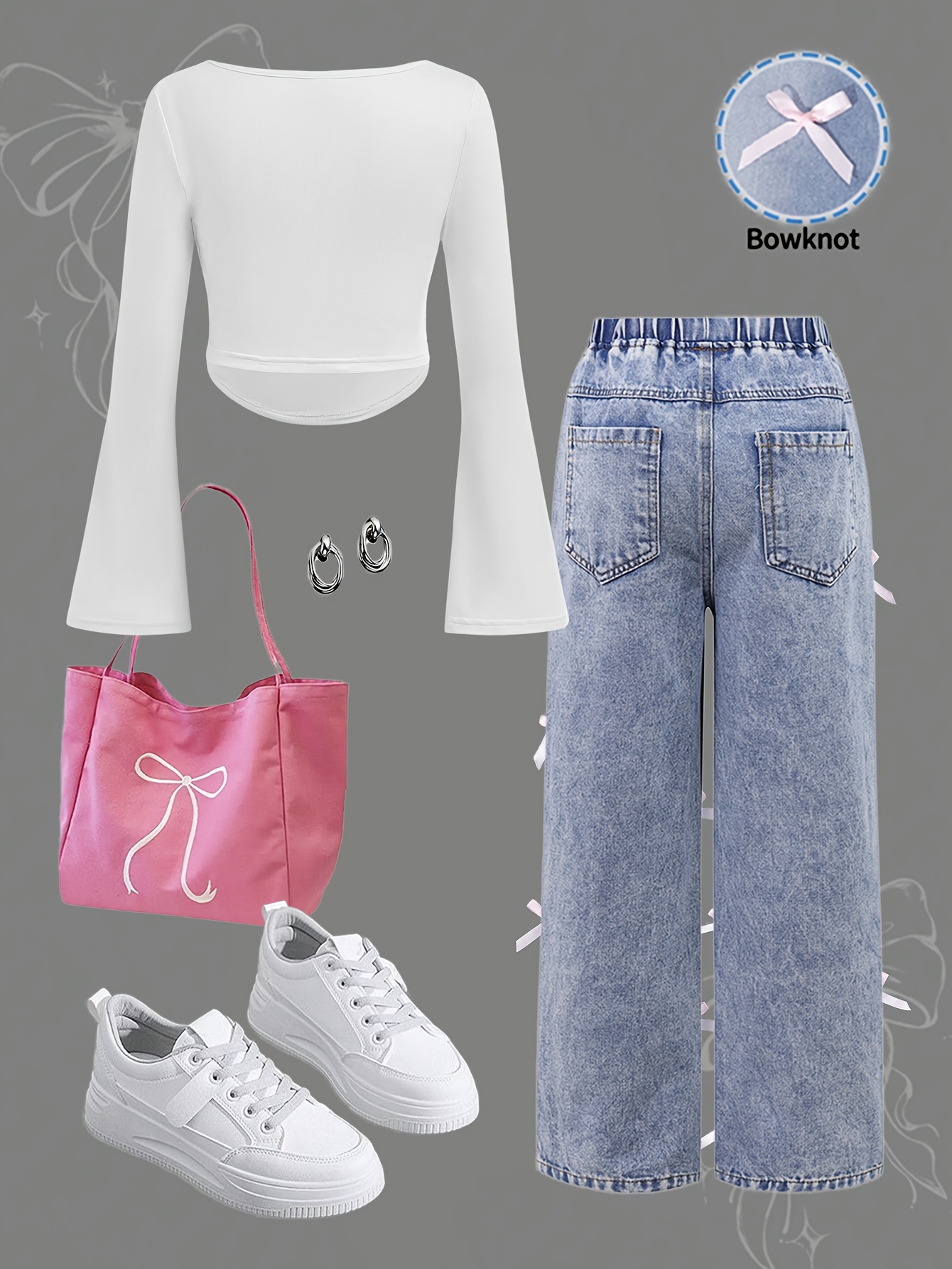 Girls Bow Distressed Denim Bow Top Jeans 2-Piece Set All Season - 图片 3