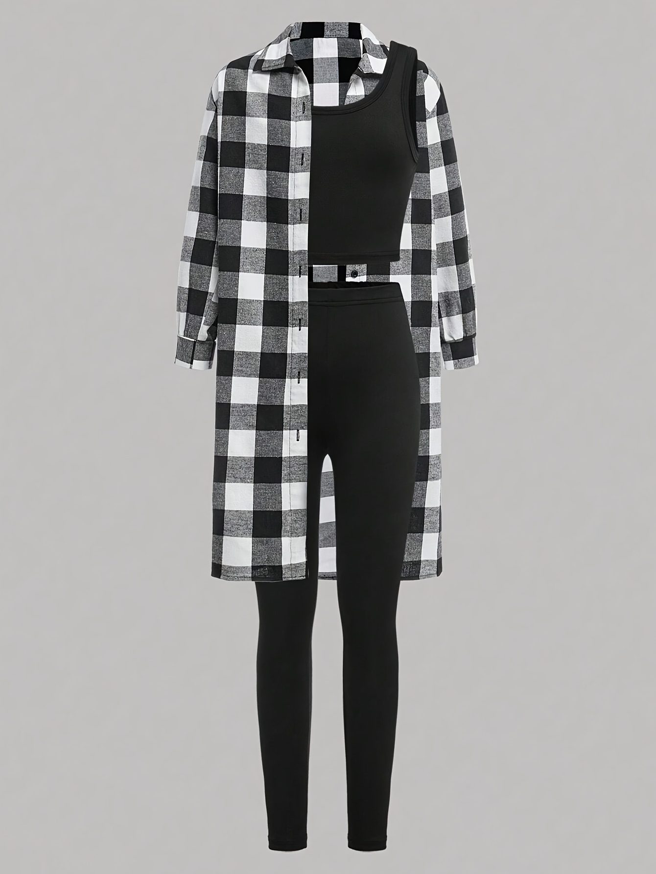 Girls Plaid Plaid Shirt Cami Leggings 3-Piece Set Fall Winter - 图片 2