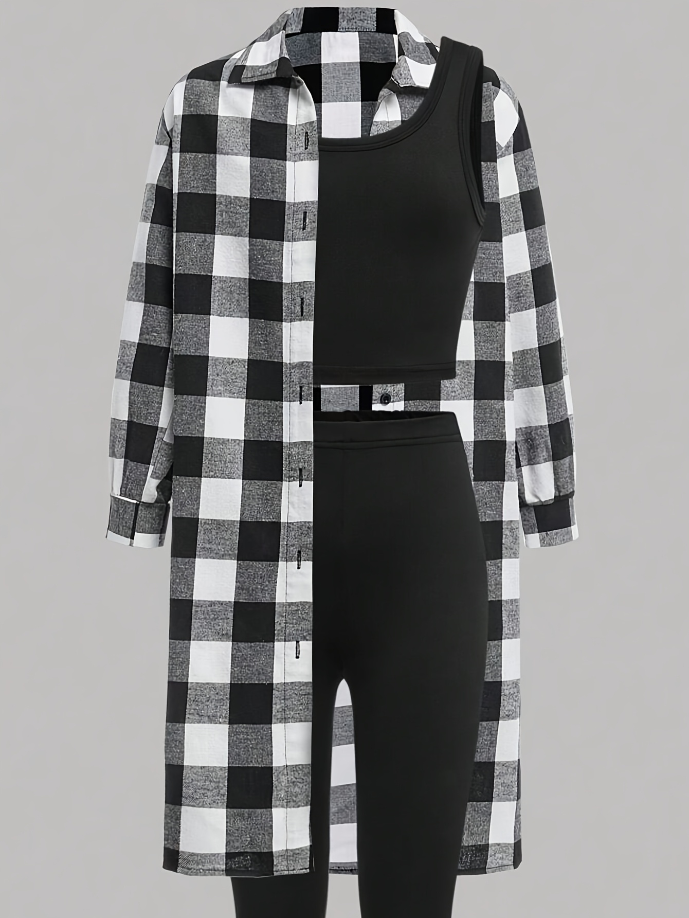 Girls Plaid Plaid Shirt Cami Leggings 3-Piece Set Fall Winter - 图片 3