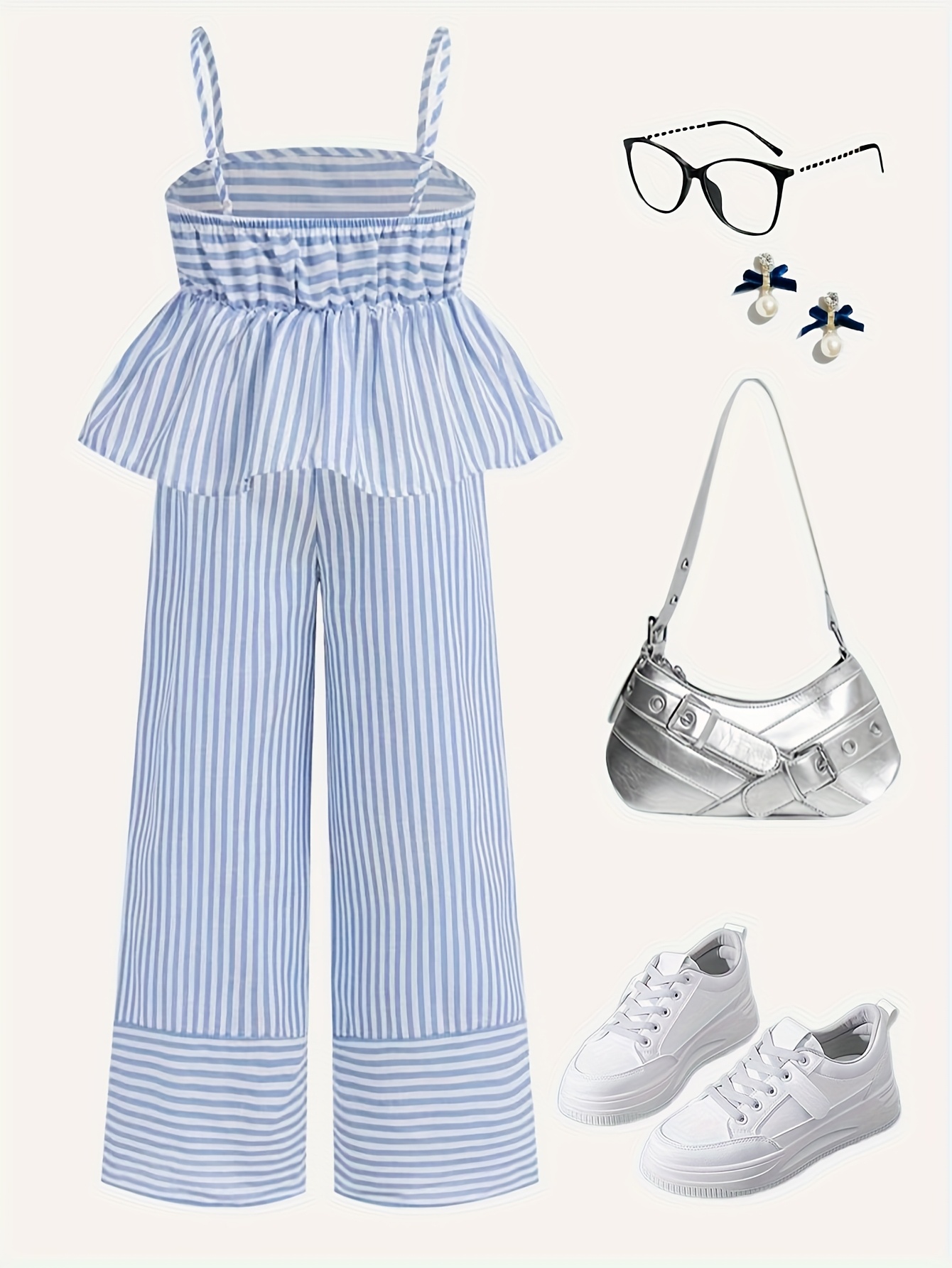 Girls Striped Bow Striped Cami Wide Leg Pants 2-Piece Set Spring Summer - 图片 3