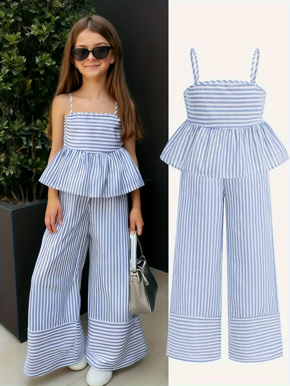 Girls Striped Bow Striped Cami Wide Leg Pants 2-Piece Set Spring Summer