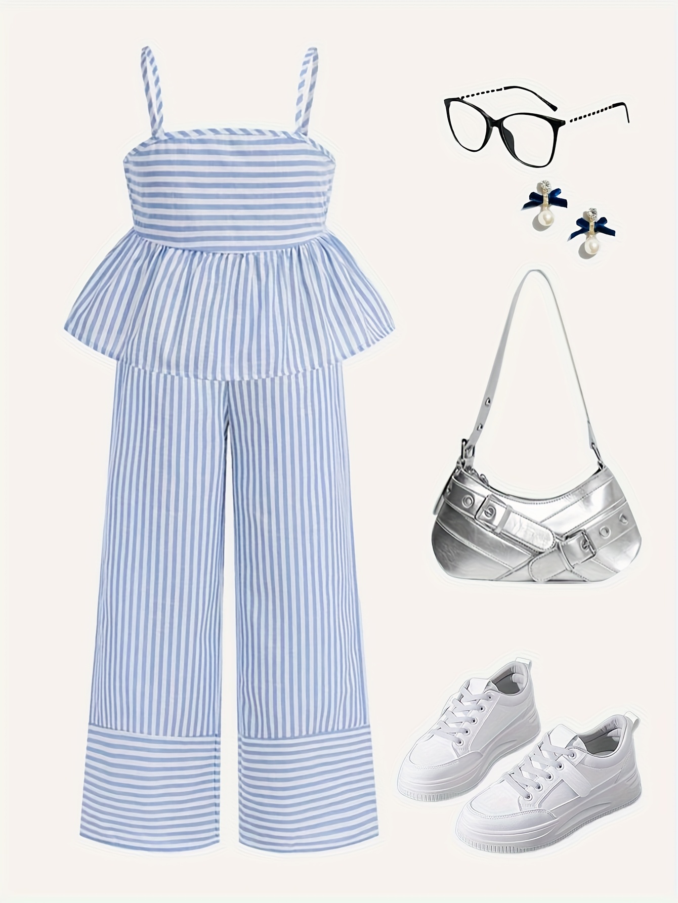 Girls Striped Bow Striped Cami Wide Leg Pants 2-Piece Set Spring Summer - 图片 2