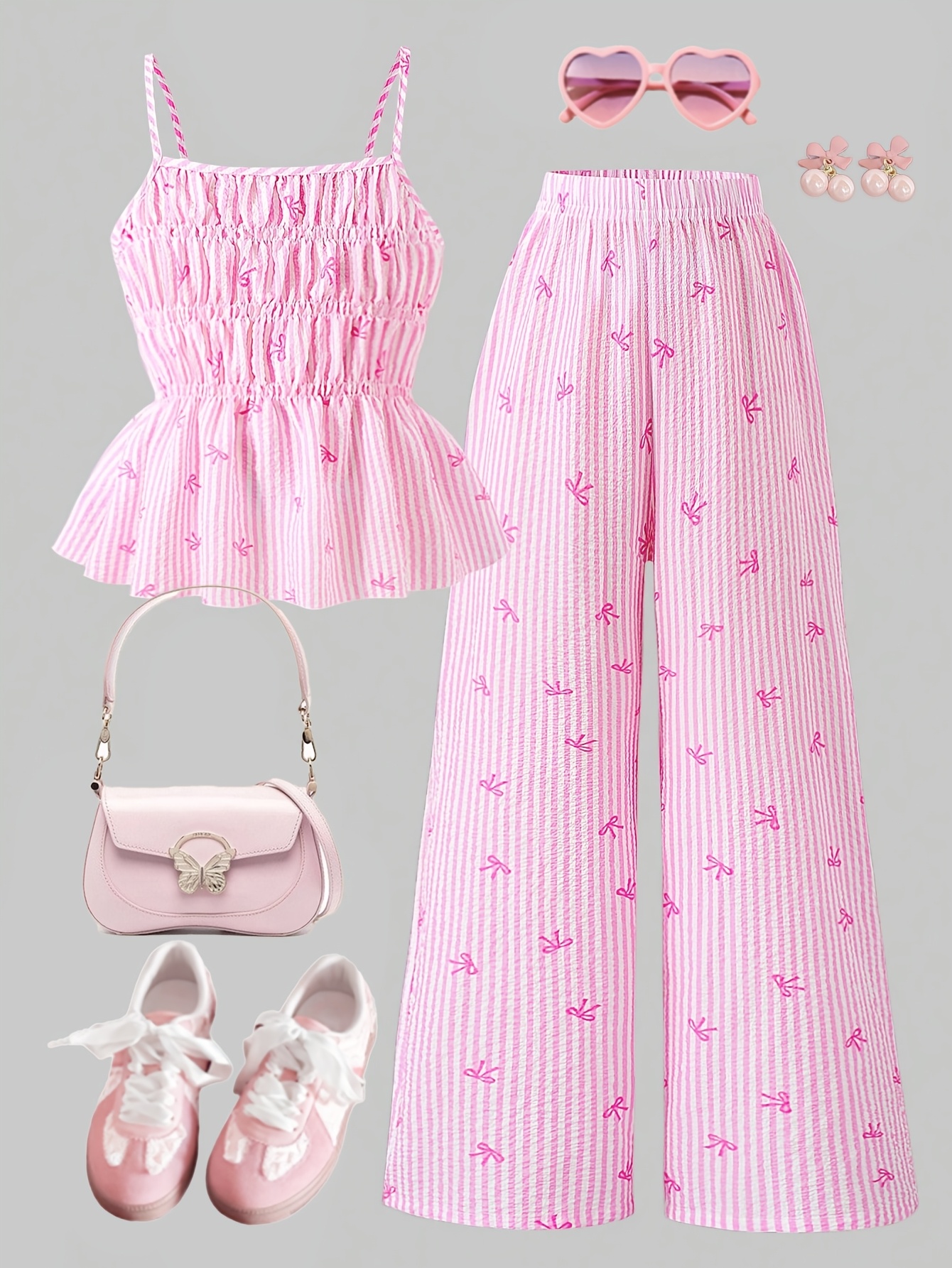 Girls Striped Bow Striped Cami Wide Leg Pants 2-Piece Set Spring Summer - 图片 2