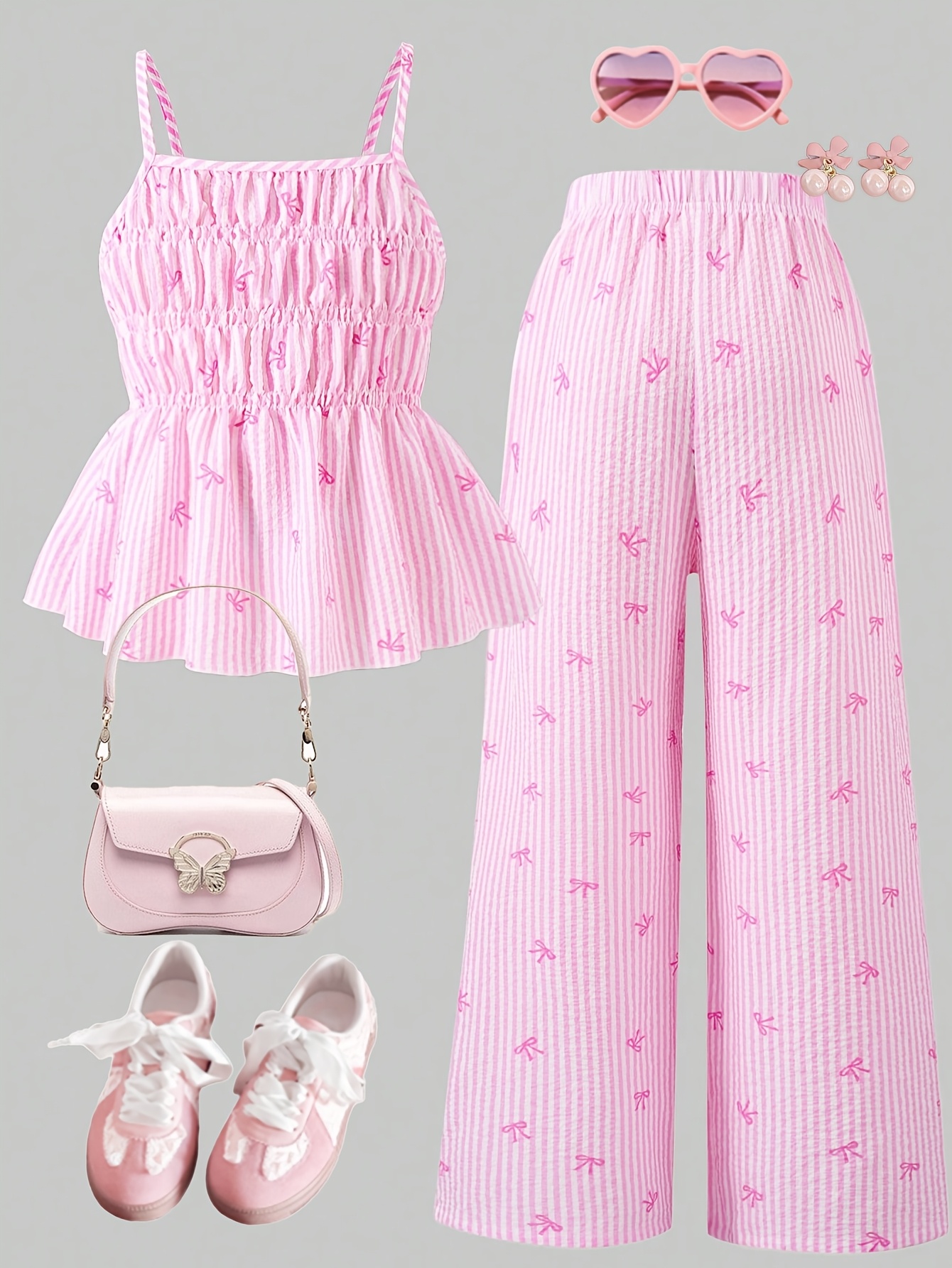 Girls Striped Bow Striped Cami Wide Leg Pants 2-Piece Set Spring Summer - 图片 3