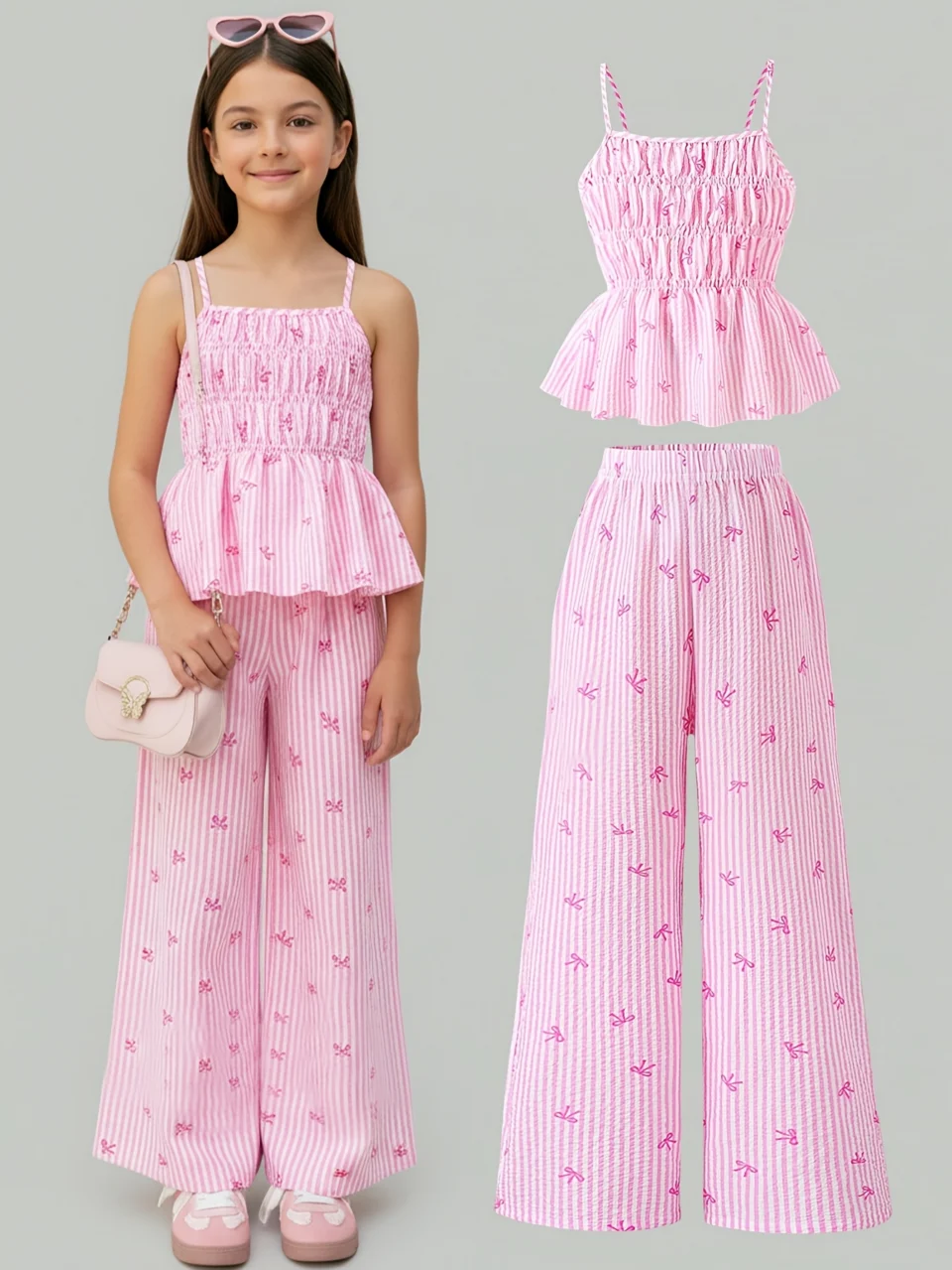 Girls Striped Bow Striped Cami Wide Leg Pants 2-Piece Set Spring Summer