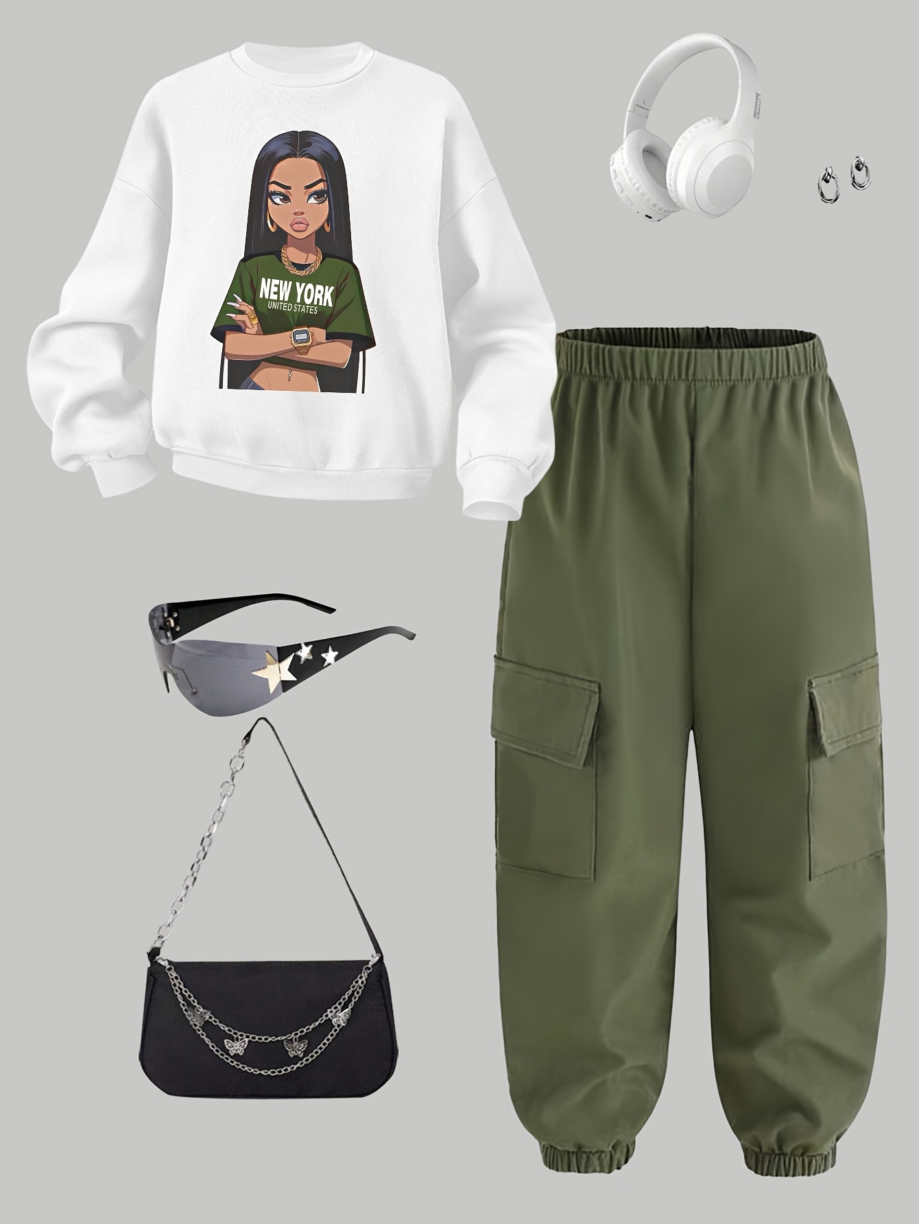 Girls Y2K Graphic Streetwear Sweatshirt Cargo Pants 2-Piece Set Fall - 图片 2