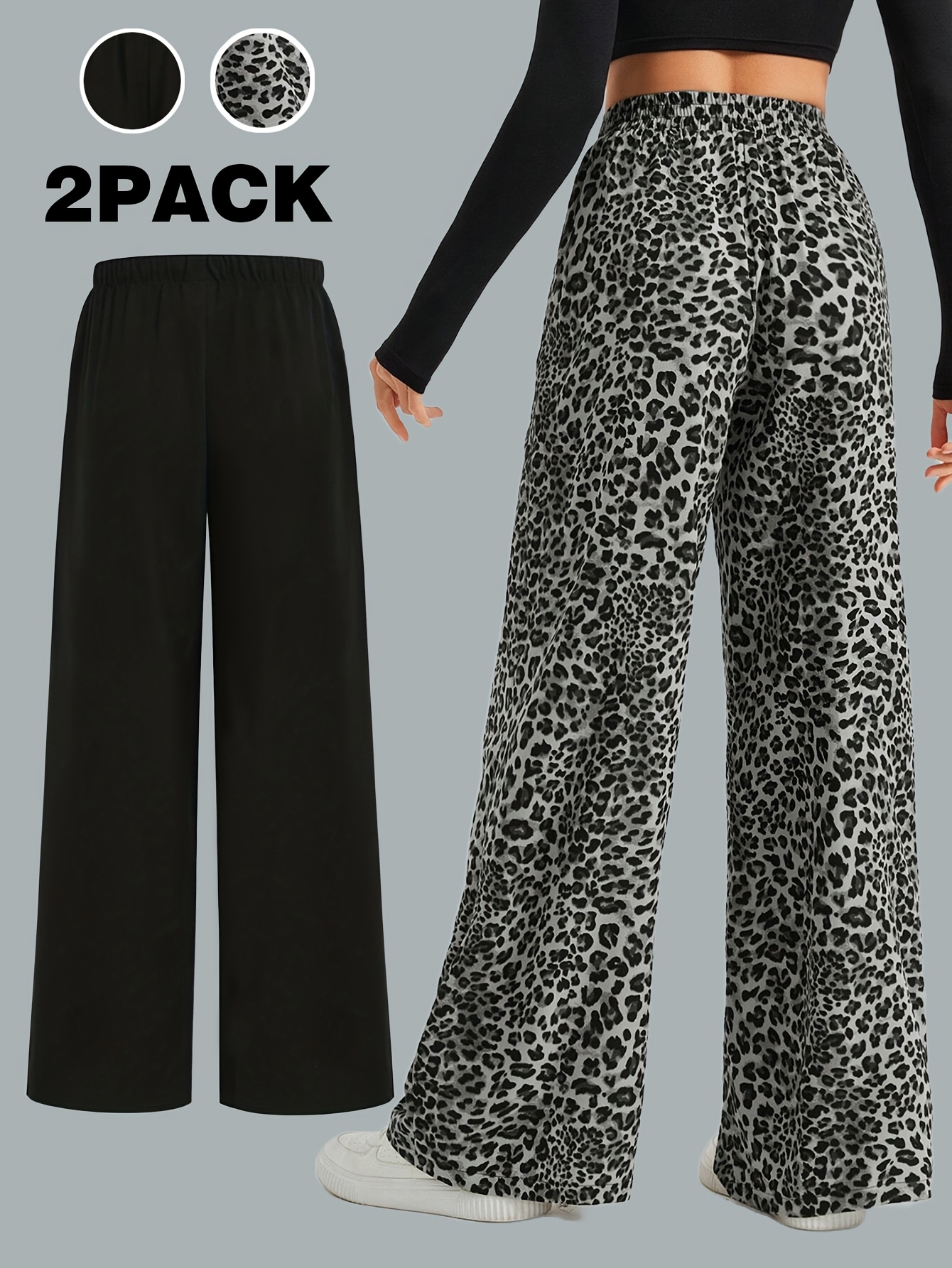 Girls Leopard Print Wide Leg Pants All Season - 图片 4