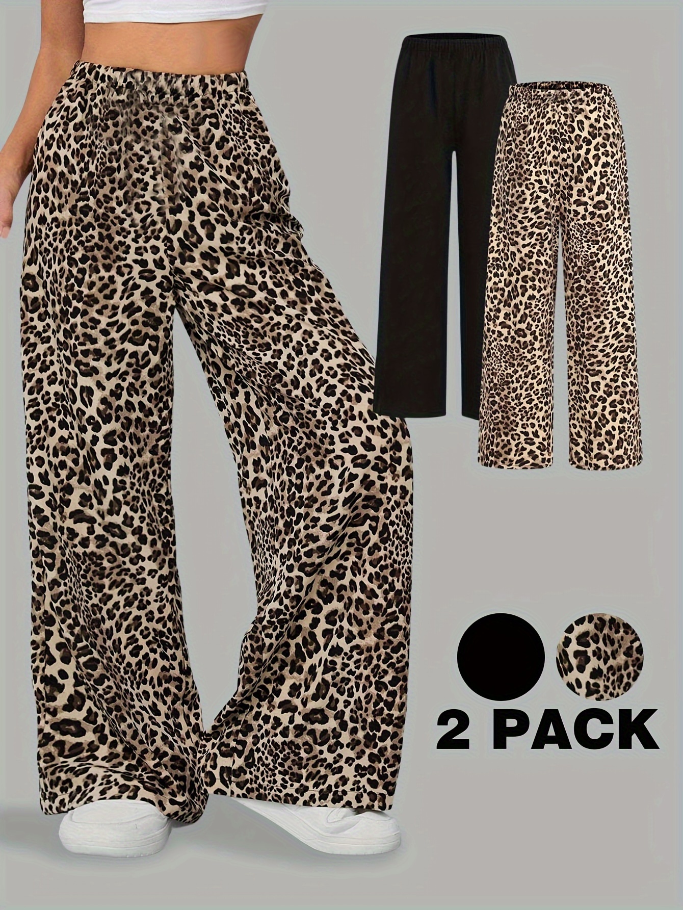 Girls Leopard Print Wide Leg Pants All Season - 图片 3