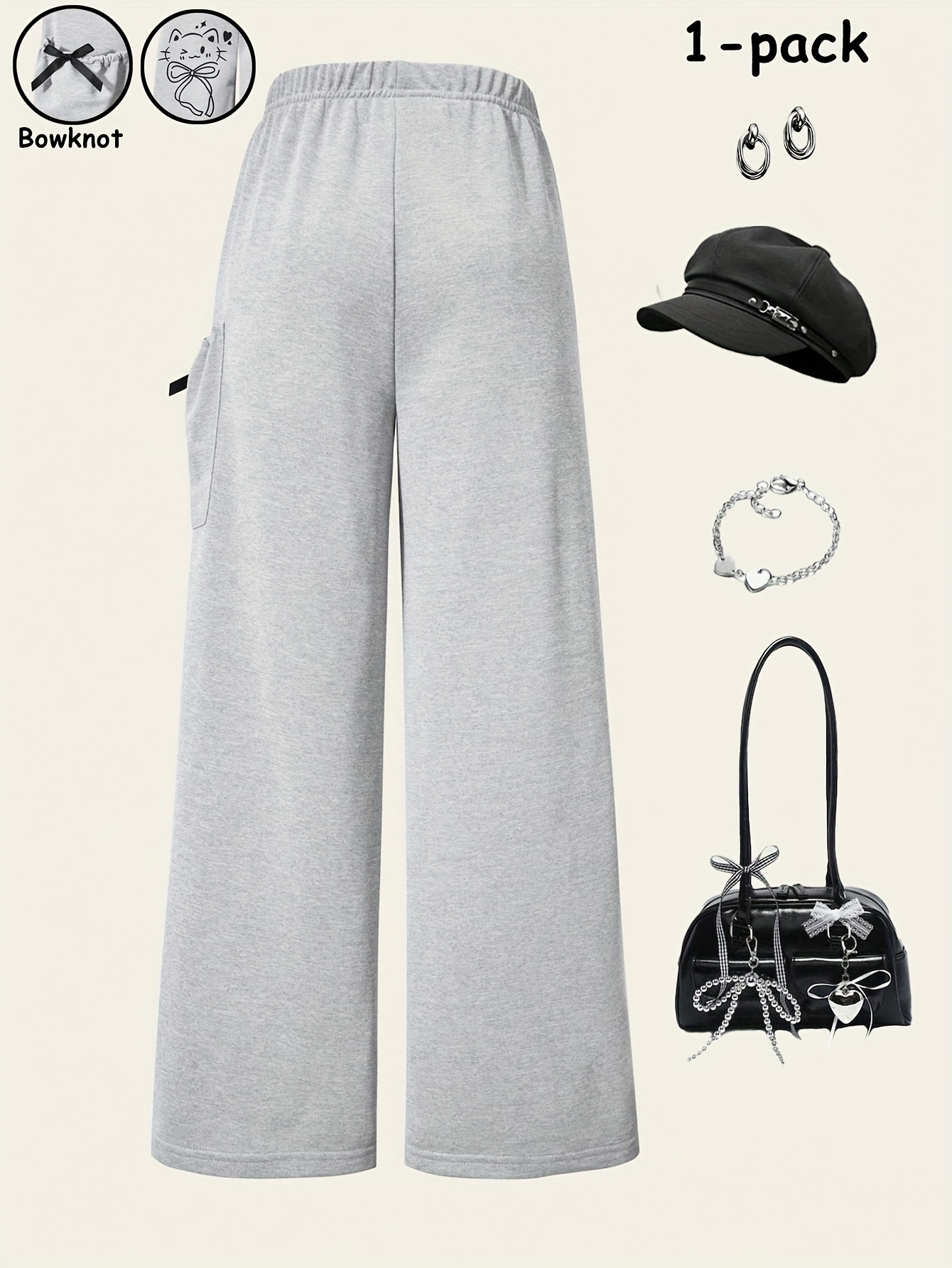 Girls Cat Print Star Print Bow Pocket Straight Leg Pants All Season - 图片 3
