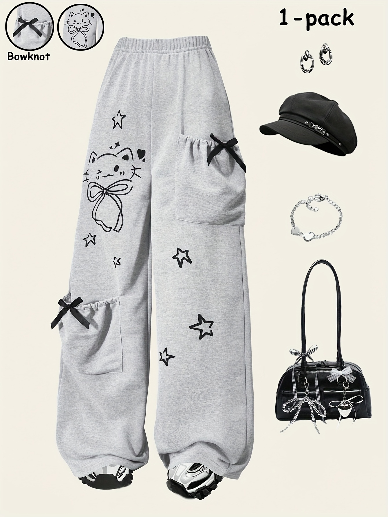 Girls Cat Print Star Print Bow Pocket Straight Leg Pants All Season - 图片 2