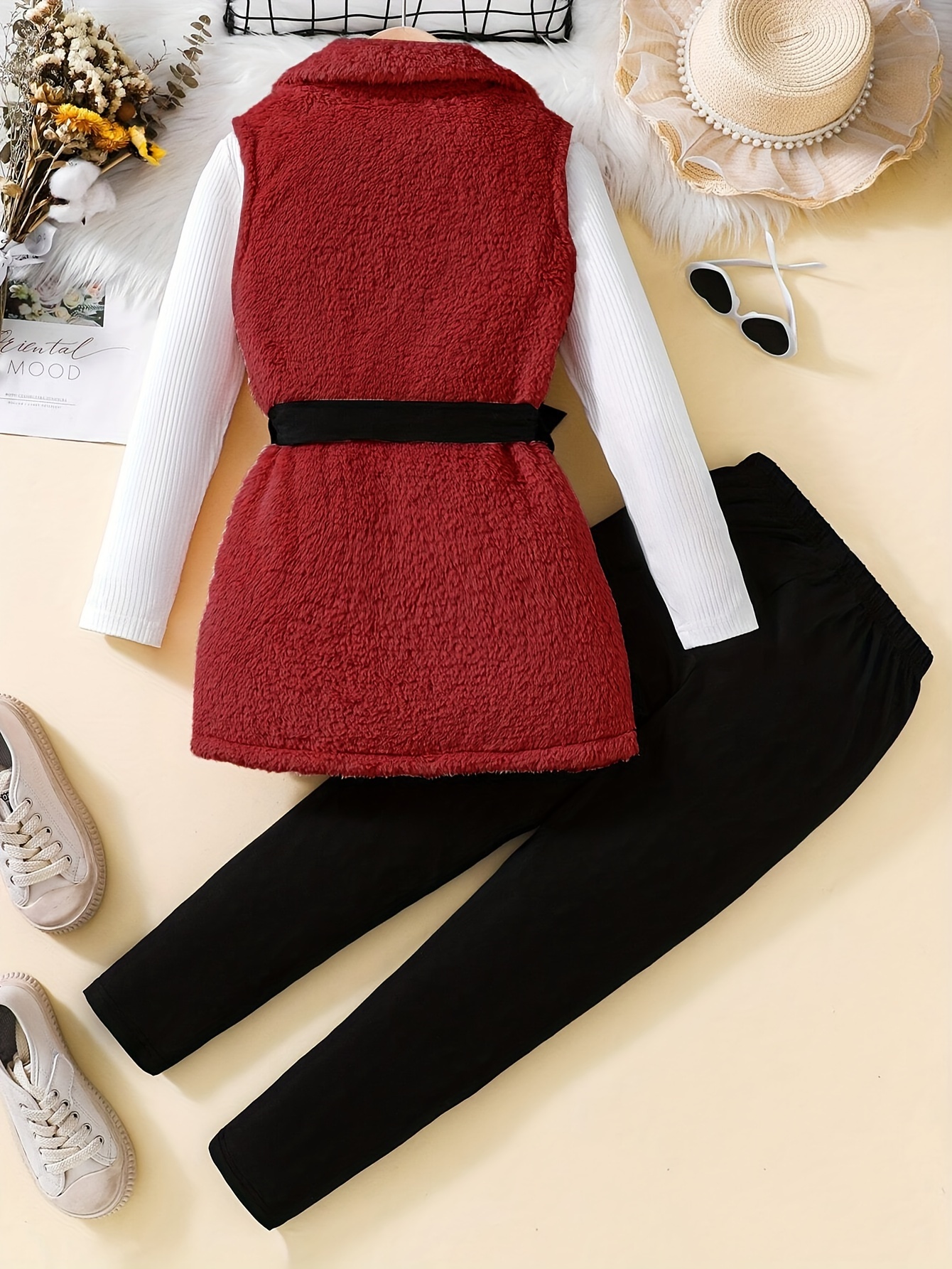 Girls Solid Warm Puffer Vest Top Leggings 3-Piece Set Fall Winter - 图片 2